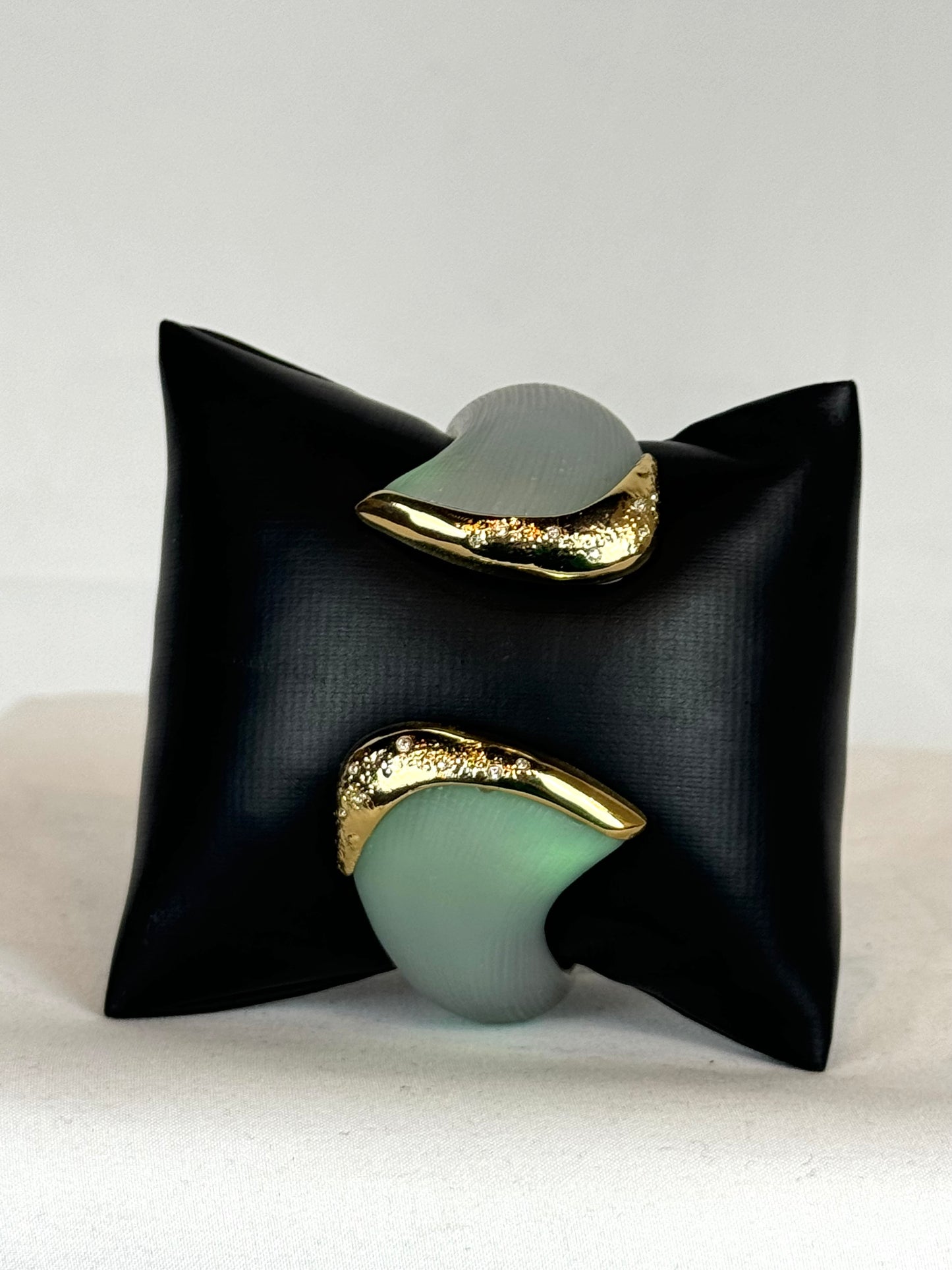 Alexis Bittar Soft Green Frosted Lucite 14K Gold Hinge Cuff Bracelet