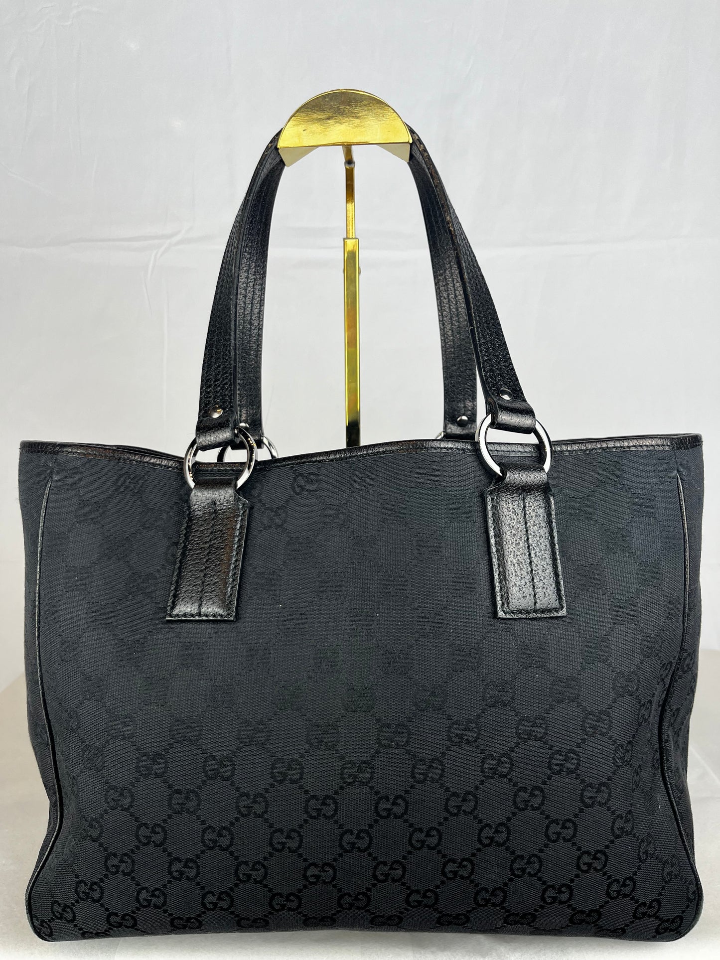 Gucci Black GG Monogram Leather Trim Tote Bag