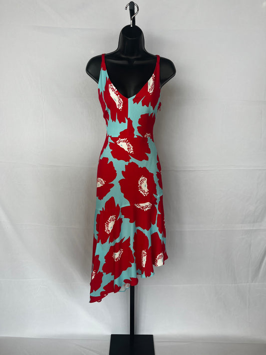 Milly Red & Blue Floral Print Asymmetrical Midi V-Neck Sleeveless Dress NWT