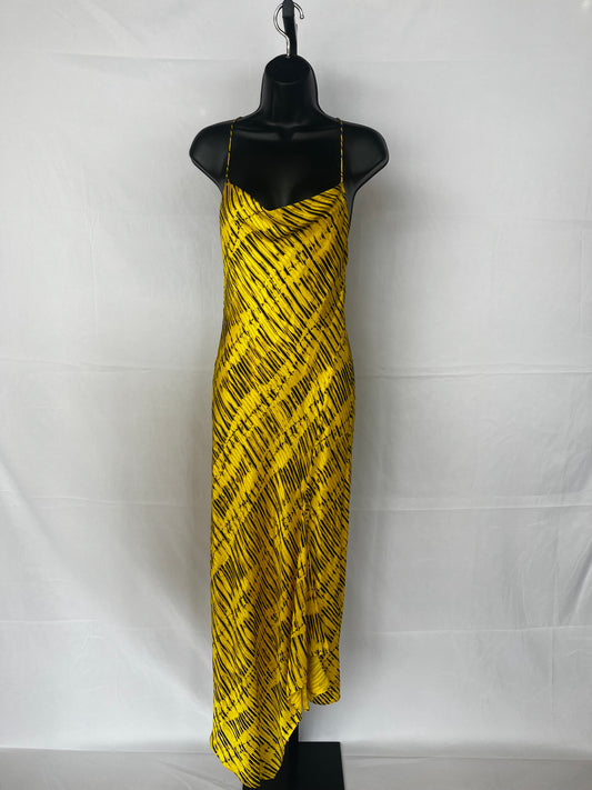 Alice + Olivia Silk Yellow w Black Stripe Detail Strappy Sleeveless Drape Maxi Dress