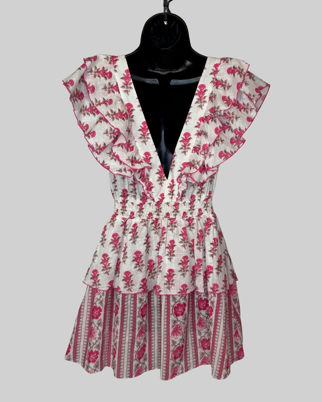 Playa Lucila Pink White Floral Ruffle Sleeveless Mini Dress w Cinched Waist