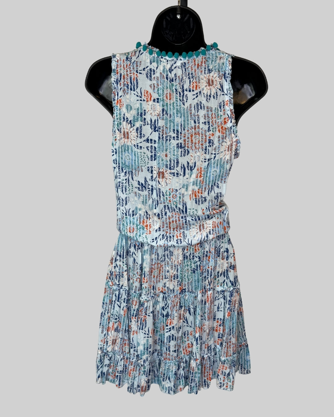 Poupette St. Barth Blue Orange Floral Tassel Neck Smocked Mini Dress