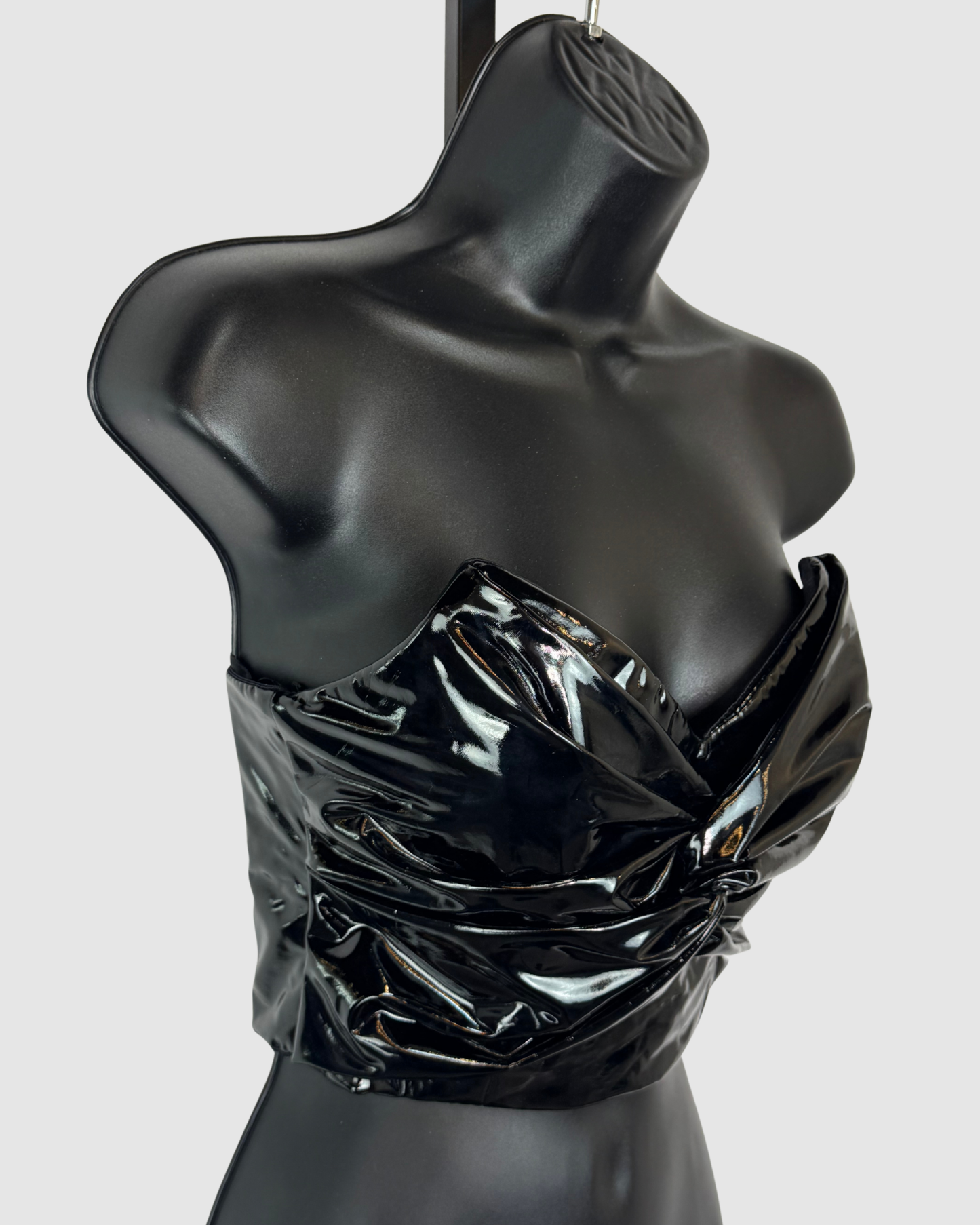 Elizabetta Franchi Faux Patent Leather Black Knotted Front Strapless Crop Top NWT