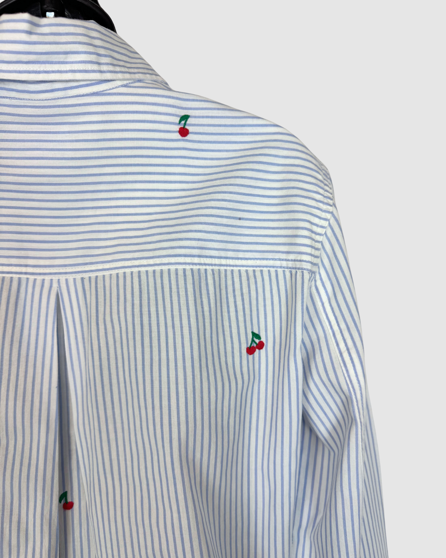 Sundry White & Blue Pinstripe Cherry Print Long Sleeve Button Tie-Front Blouse