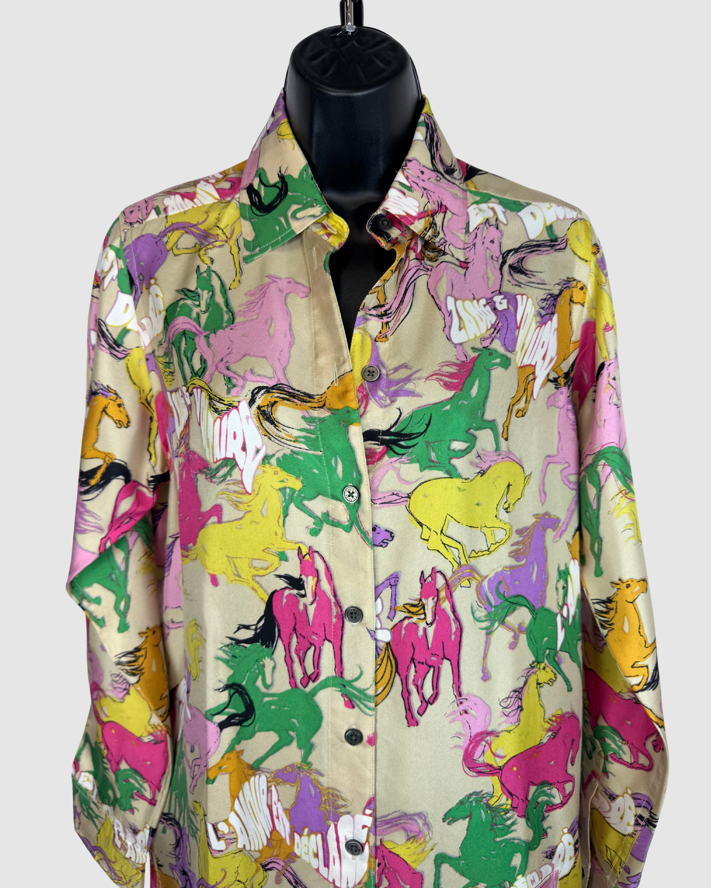 Zadig & Voltaire Silk Multi-Colored Horse Print Button Down Shirt Dress