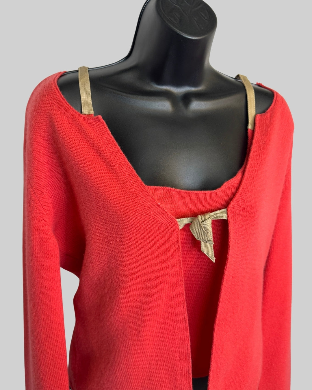 Brunello Cucinelli Cashmere Salmon Nude Strap Cami w Long Sleeve Cardigan & Tie