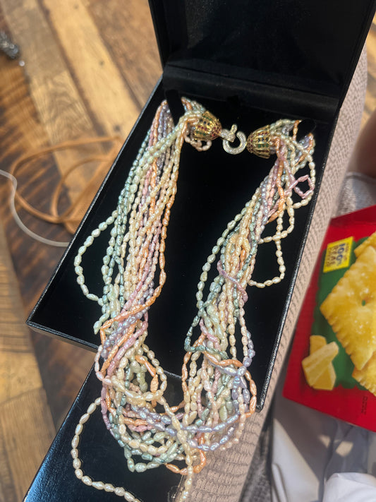 COMES WITH BOX - Multi Color Multi Strand Pearl Necklace w/ Emerald Sapphire & Ruby