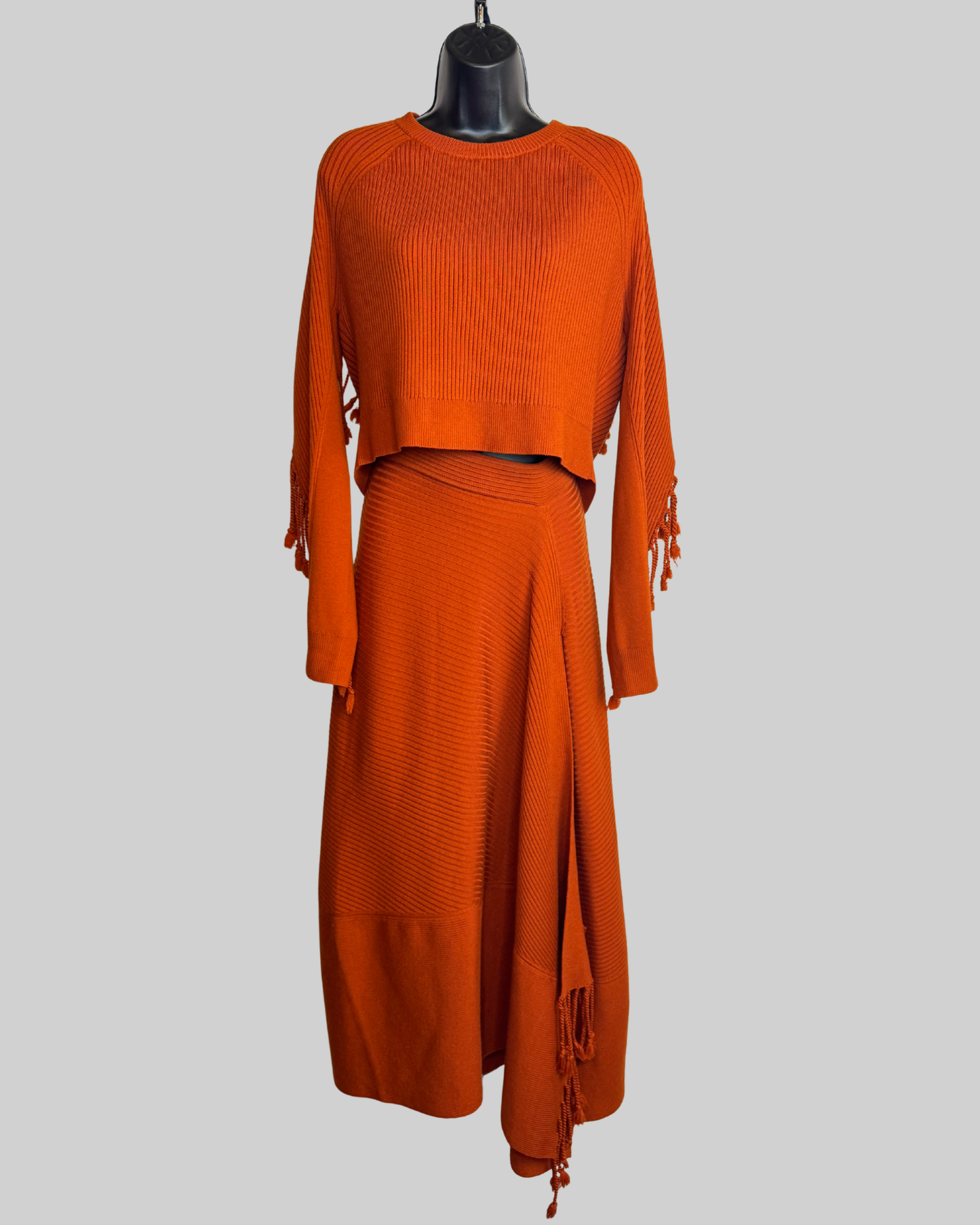 Jonathan Simkhai Wool Burnt Orange Ribbed Fringe Detail Cropped Sweater