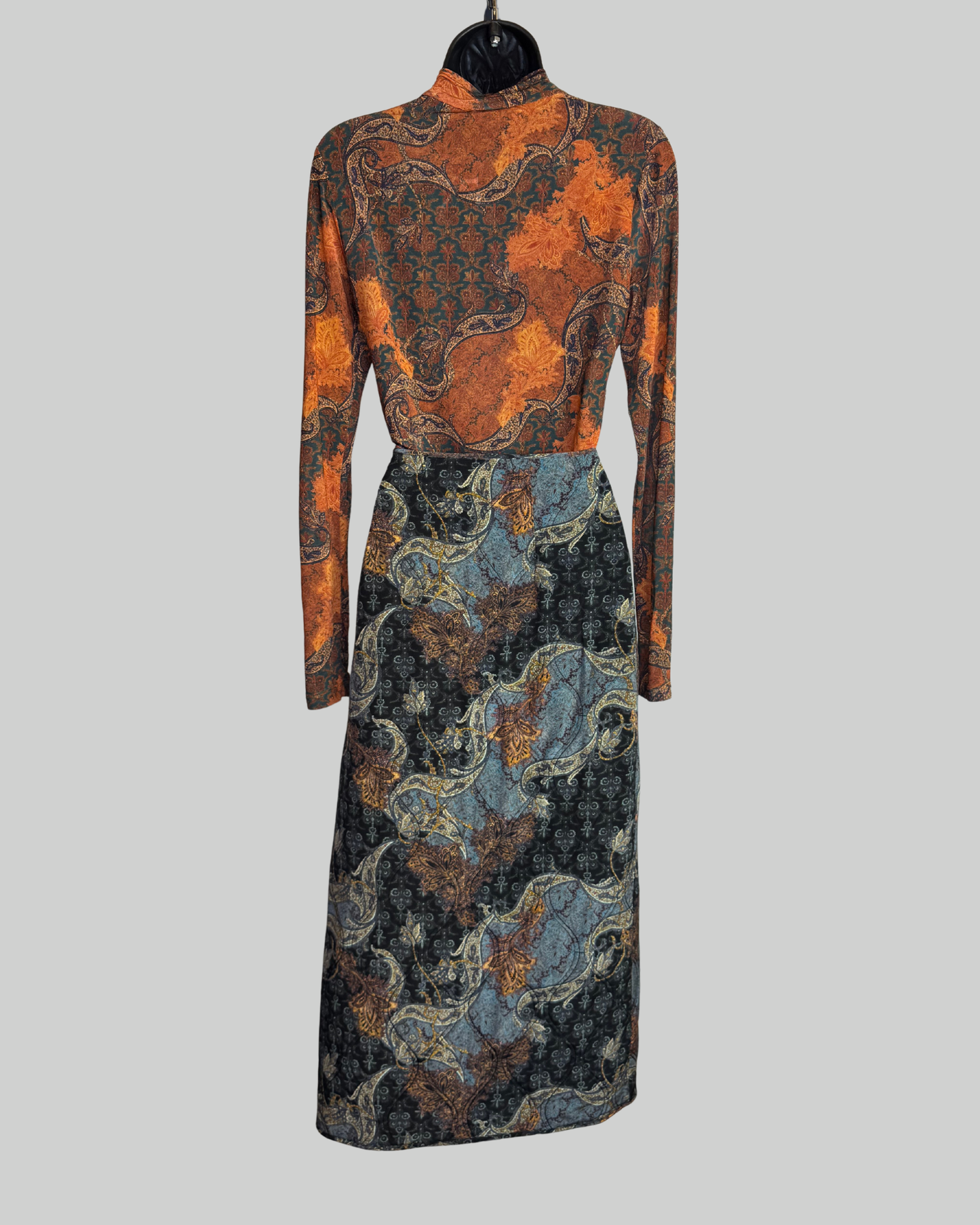 Ulla Johnson Blue Orange Brocade "Quilt" Button Wrap Midi Skirt