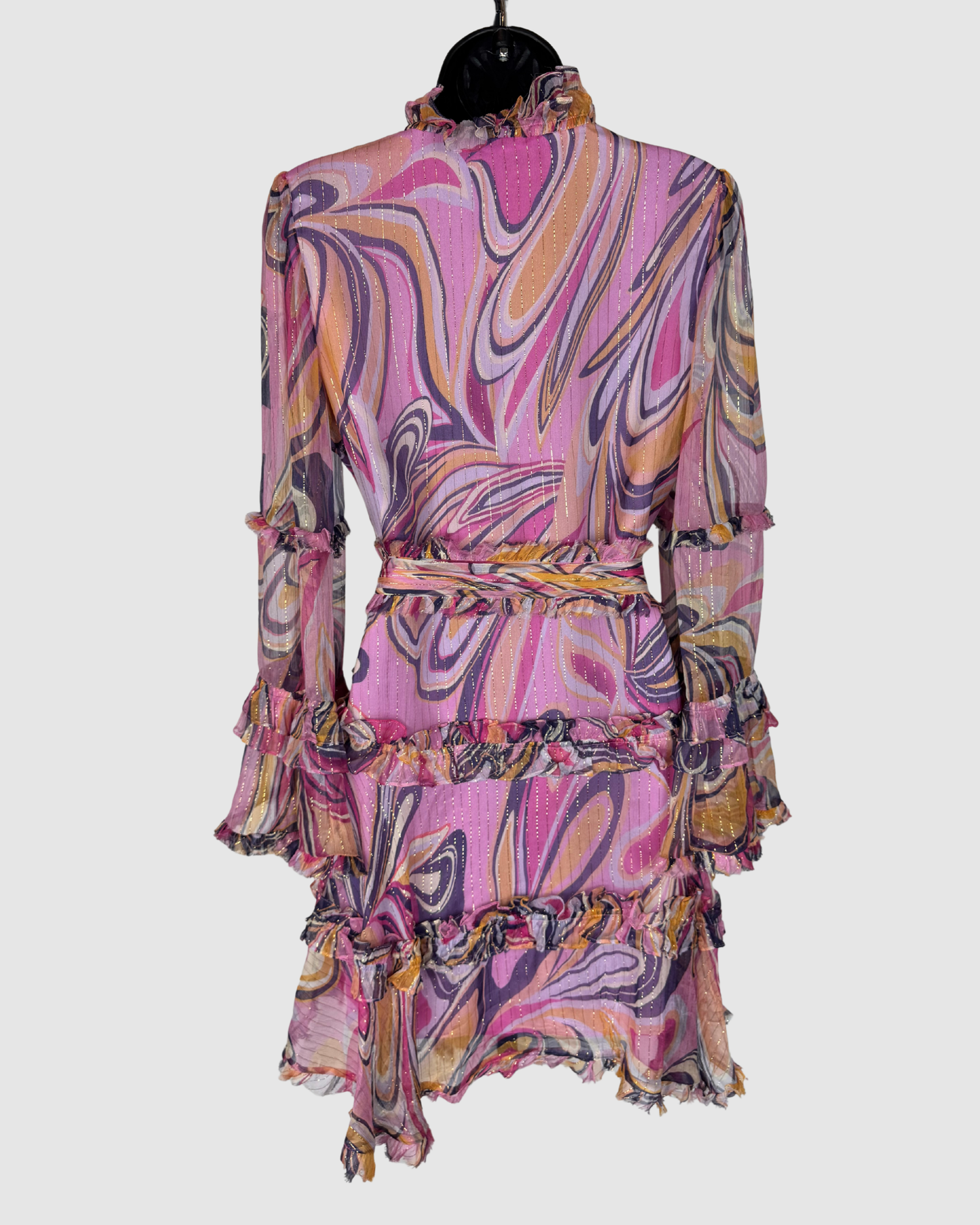 Alexis Pink Purple Disco Print Ruffle Button Long Bell Sleeve Knee-Length Dress w Belt