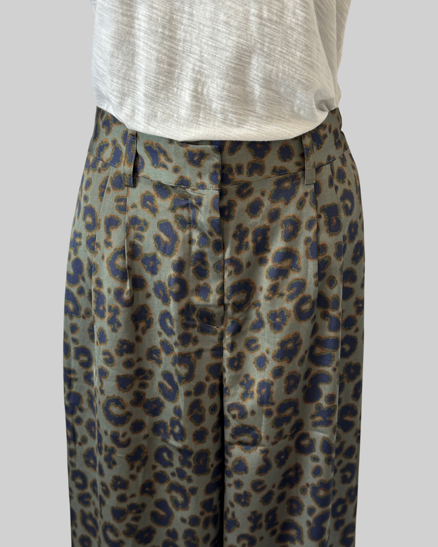 Ba&sh Green/Grey Leopard Print Wide Leg Pants