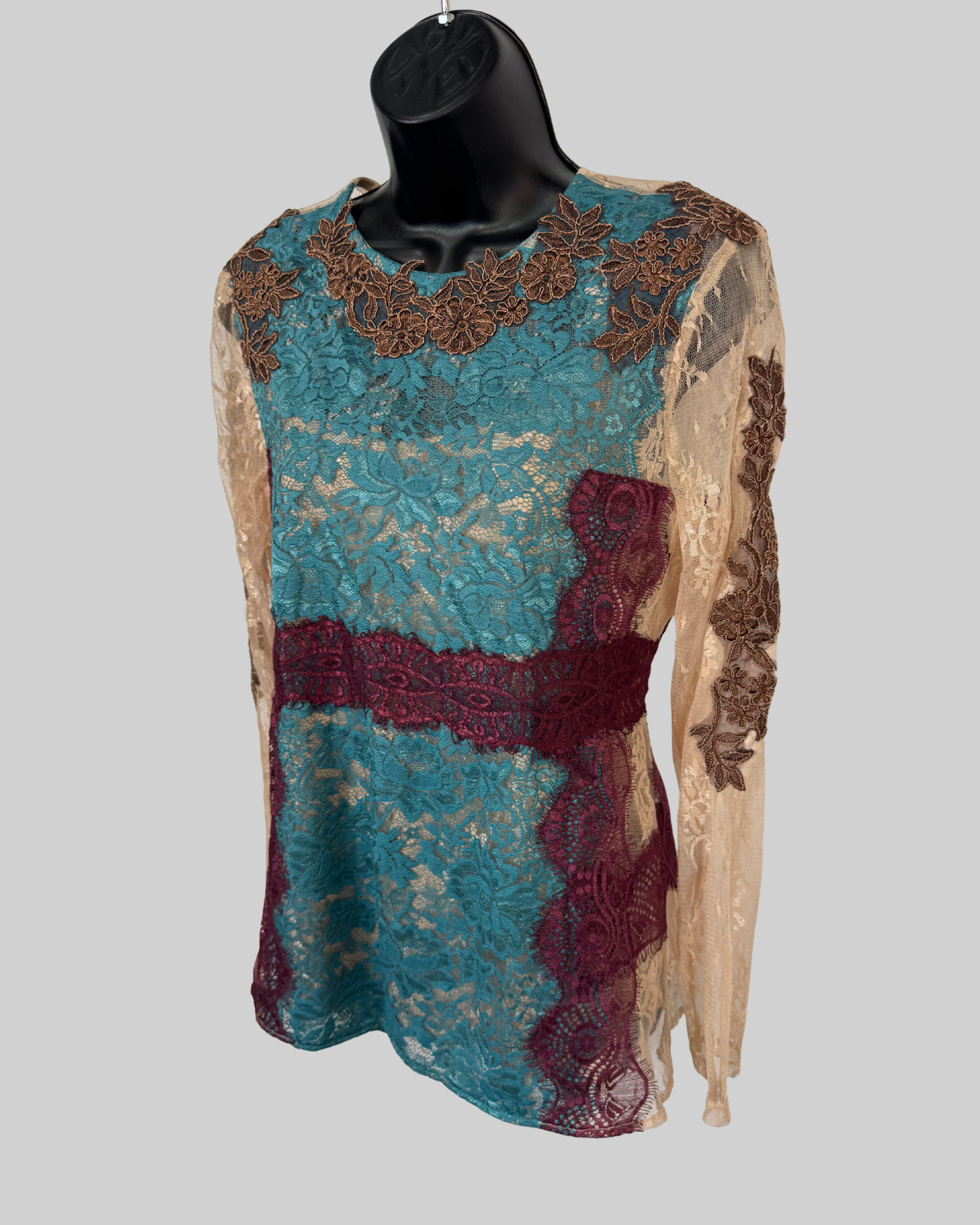 Sundance Nude Turquoise Burgundy Brown Lace Long Sleeve Blouse