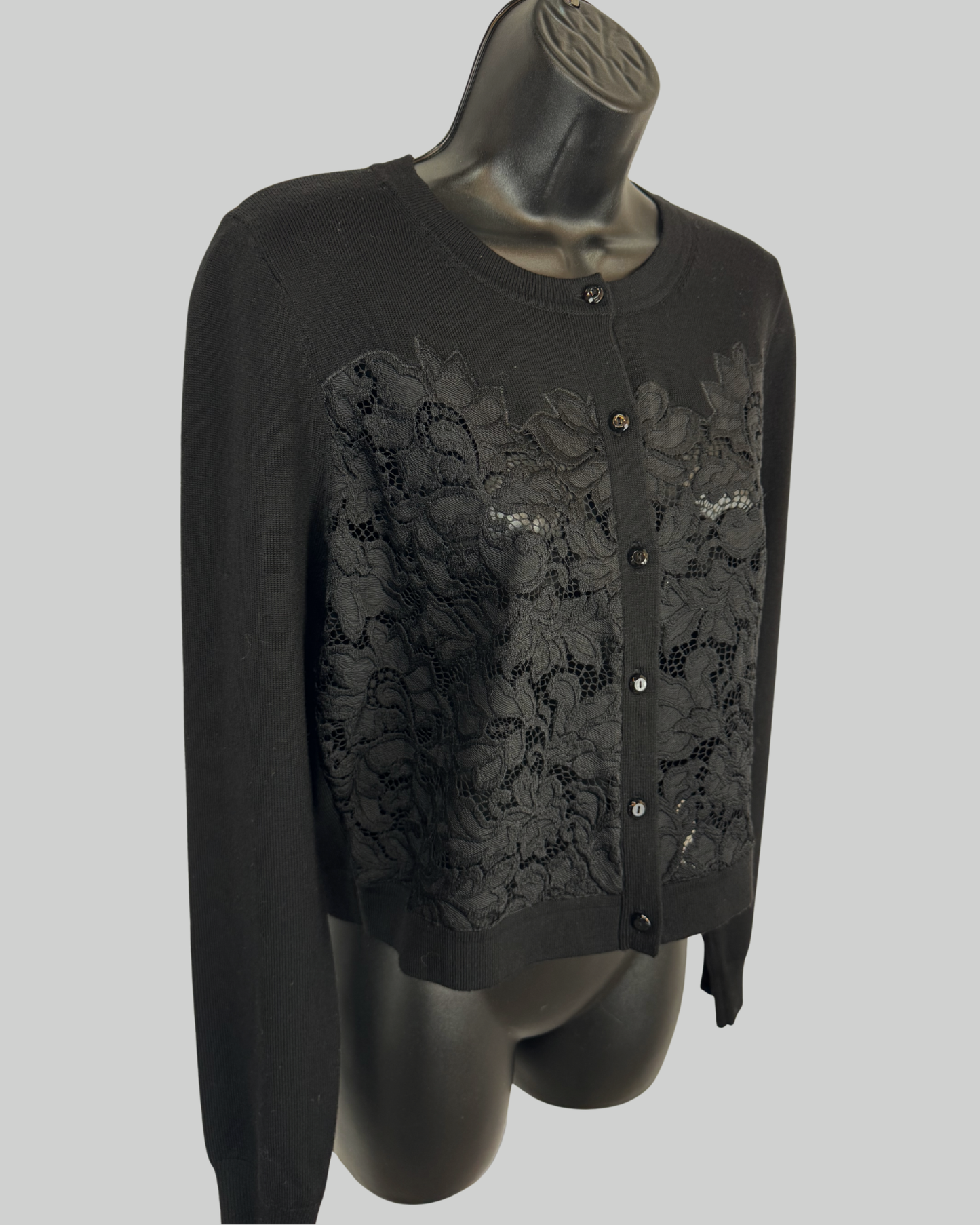 Diane Von Furstenberg Black Floral Lace Detail Long Sleeve Button Up Cardigan