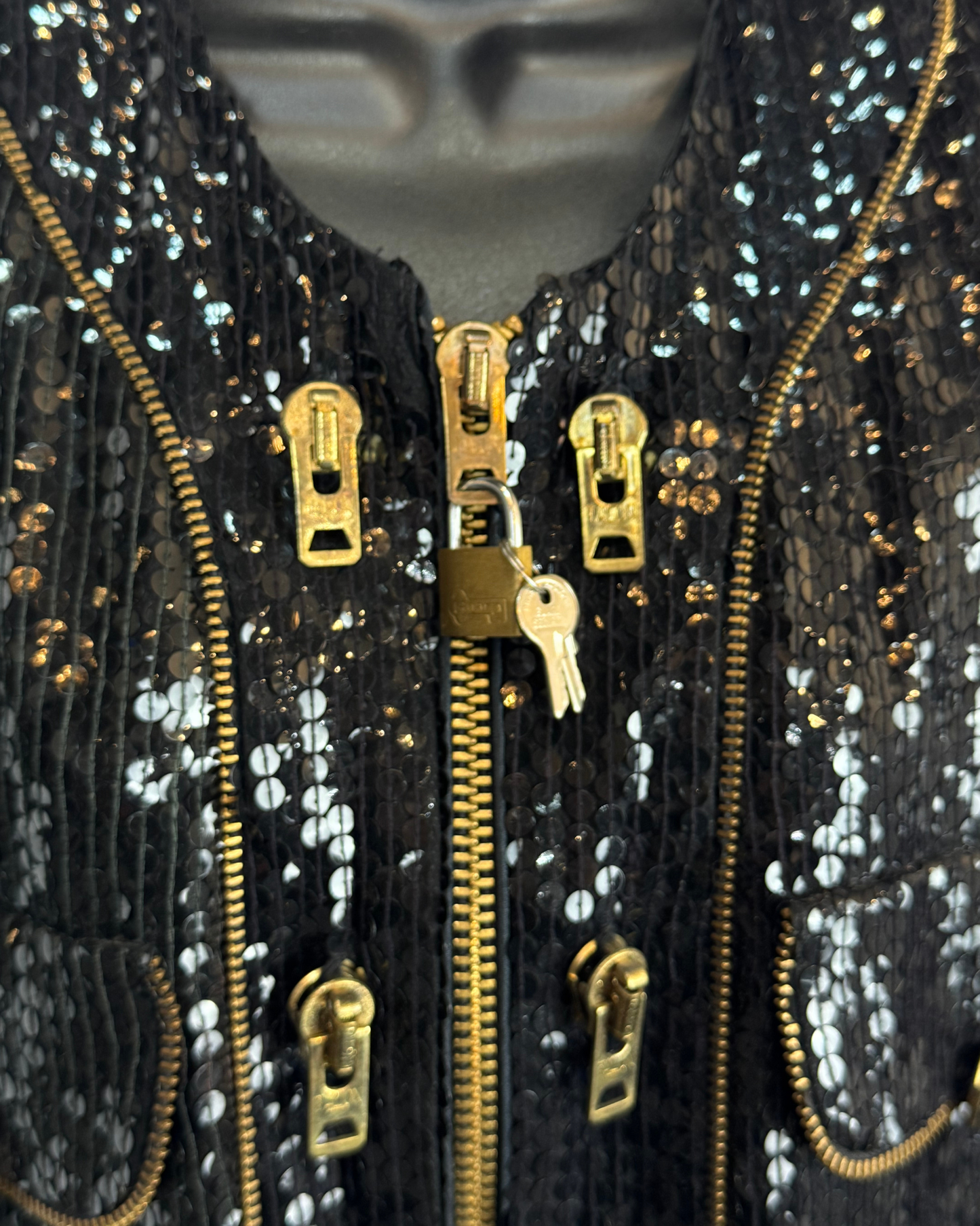 Vintage Jeanette St. Martin Fred Hayman Black Sequin Multi Zipper Jacket