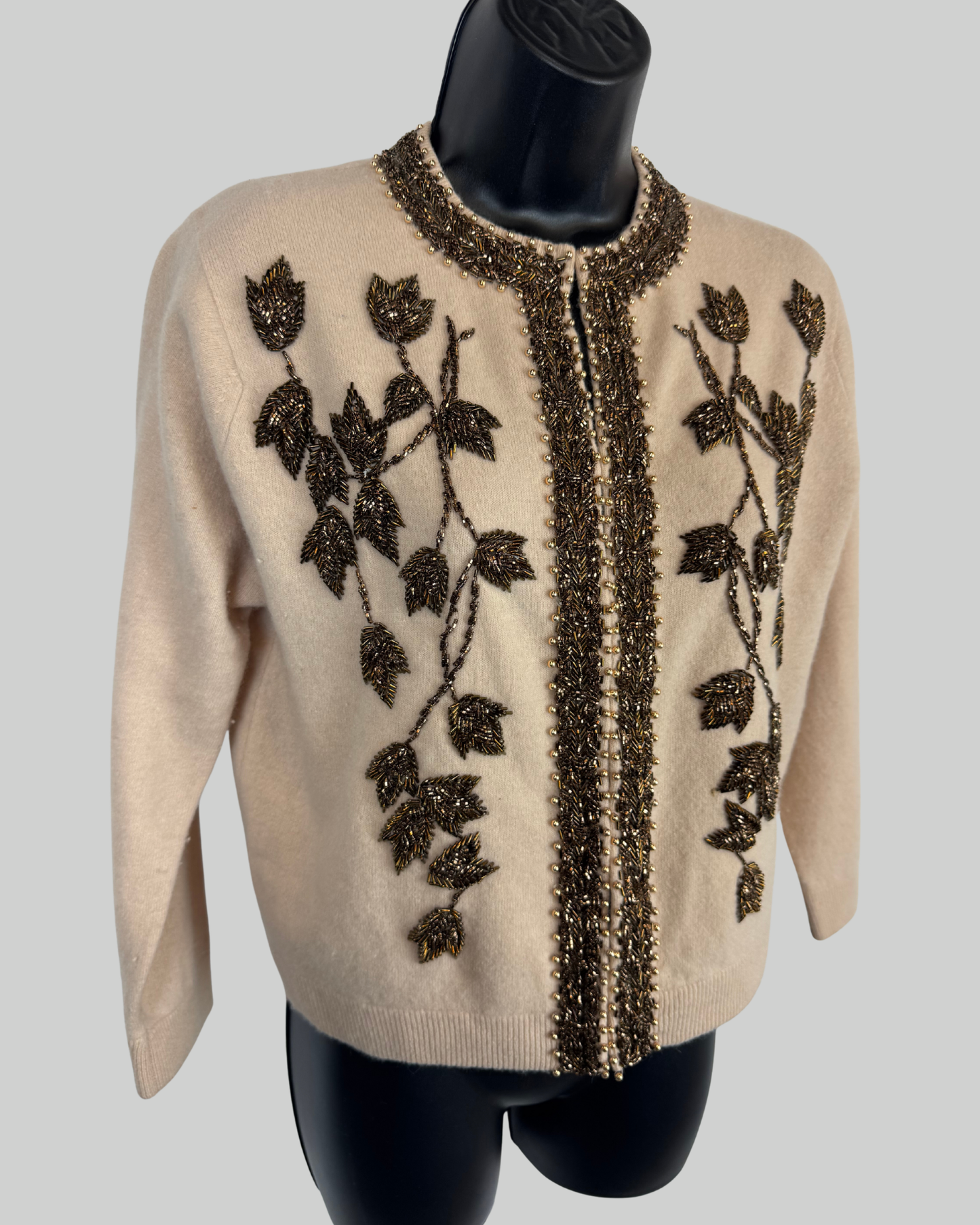 Monet Cashmere Tan Brown Beaded Clasp Down Long Sleeve Cardigan Sweater