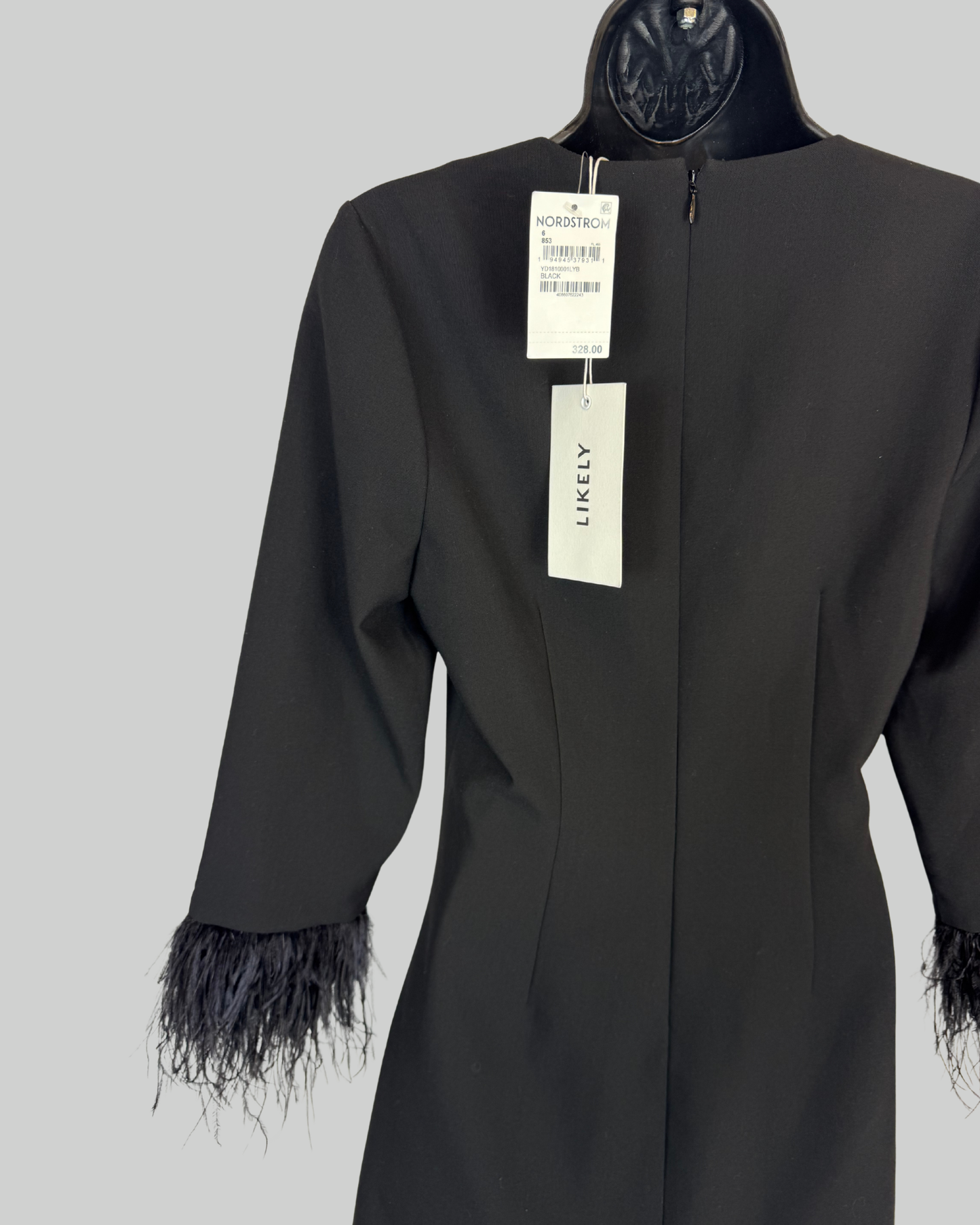 Likely Black Square Neck Long Sleeve w Feather Cuffs Mini Dress NWT