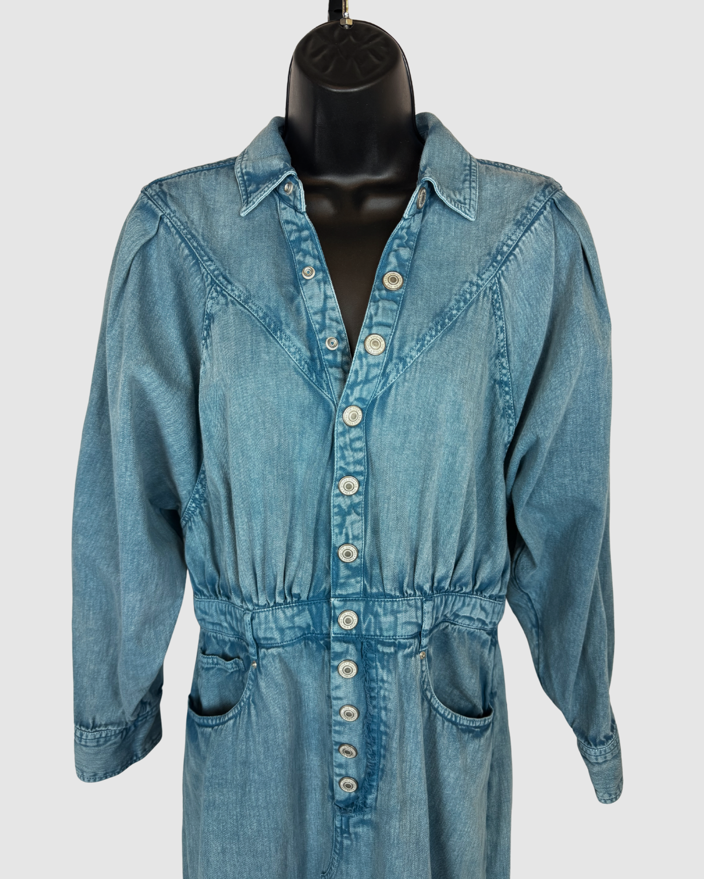 Free People Denim Light Wash Long Sleeve Cinched Waist Button Up Midi Dress