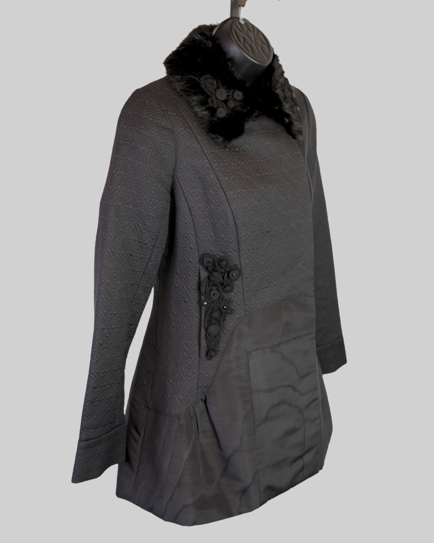 Louis Vuitton Black Monogram Textured Pattern Faux Fur Collar Button Up Coat