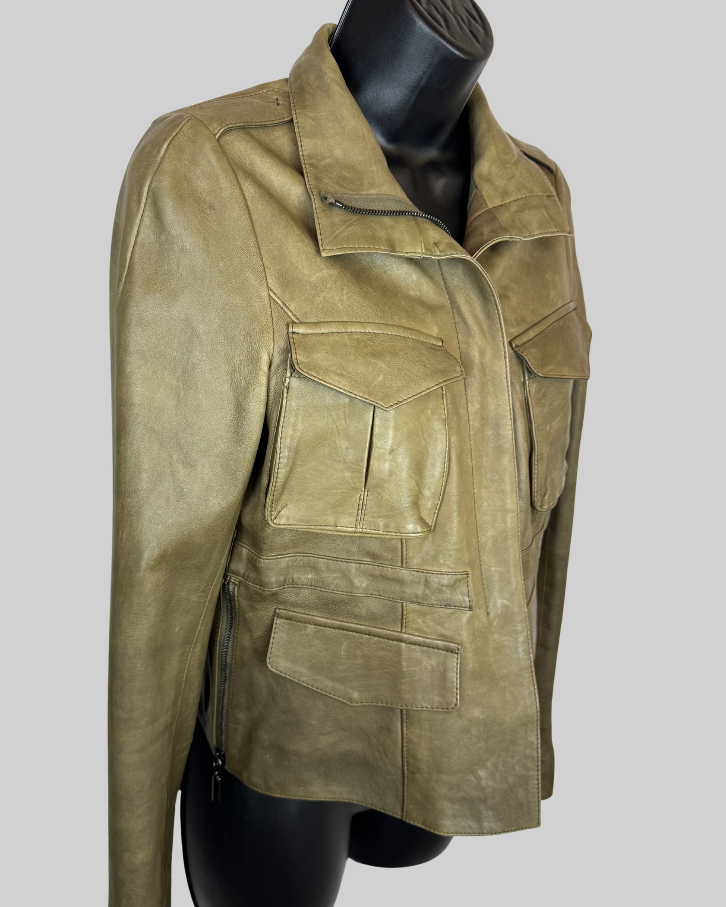 Roncarati Army Green Leather Cropped Jacket