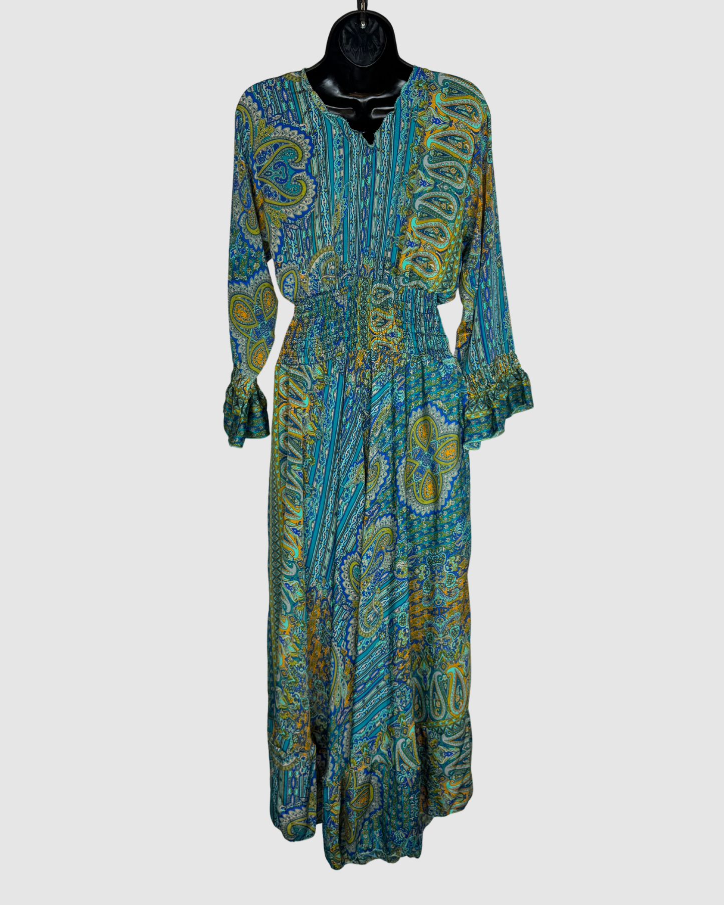 Luisa Silk Turquoise Orange Teal Paisley Ruffle Cinched Long Sleeve Maxi Dress