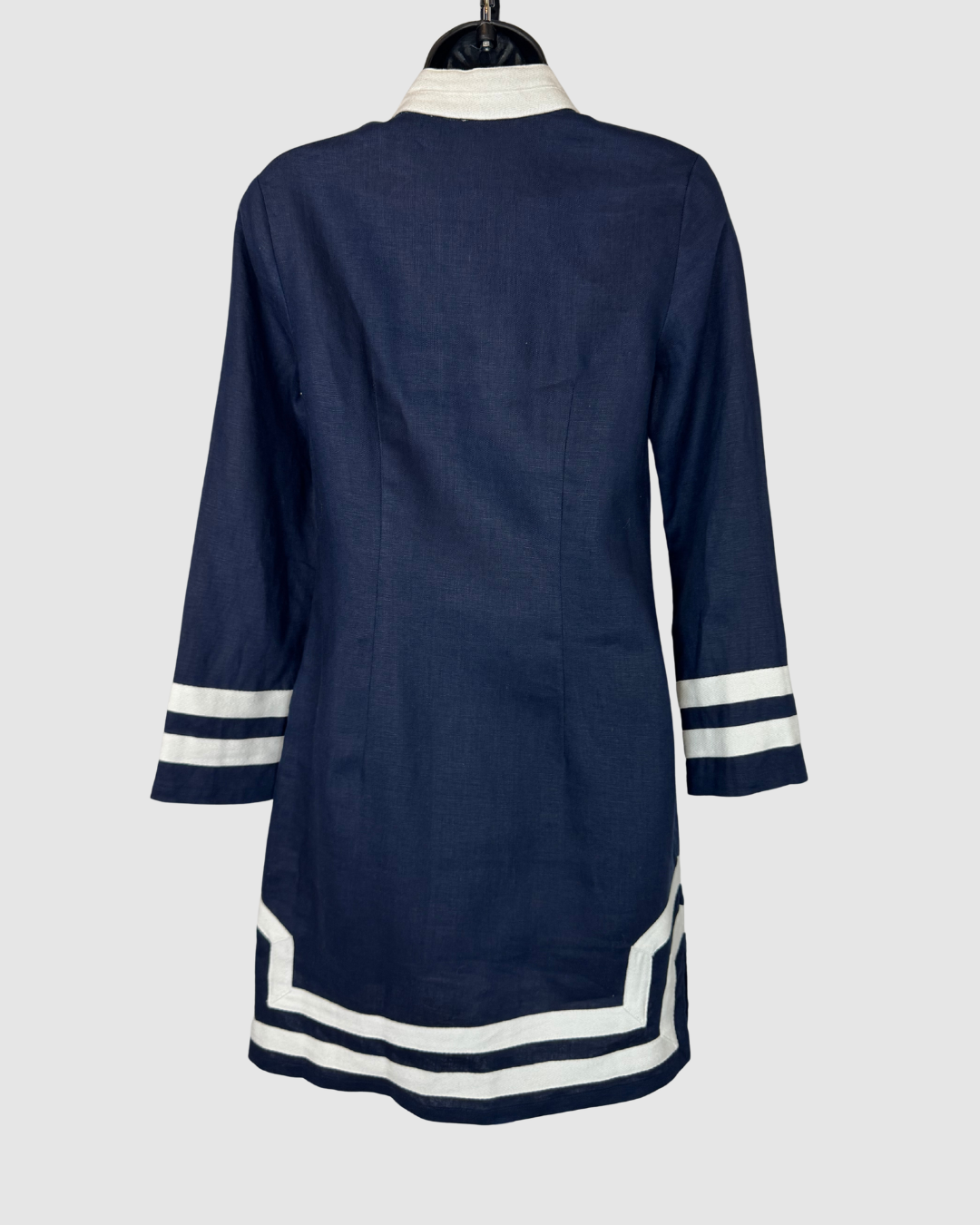 Sail to Sable Linen Navy w White Trim V-Neck Long Sleeve Knee-Length Dress NWT