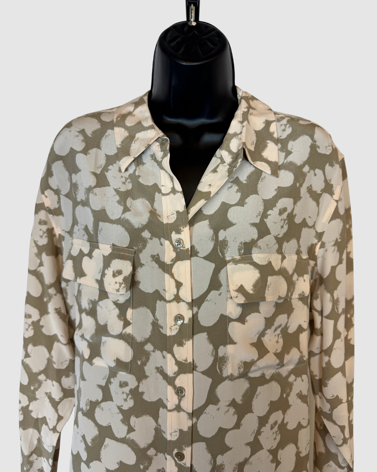 Equipment Silk Beige Brown Heart Print Double Breasted Long Sleeve Button Blouse