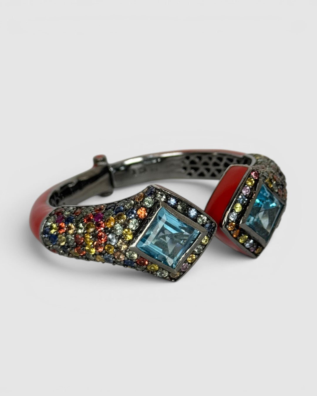 Matthew Campbell Laurenza Sterling Silver Red Cloisonné Enamel Hinged Bracelet w/ Blue Topaz