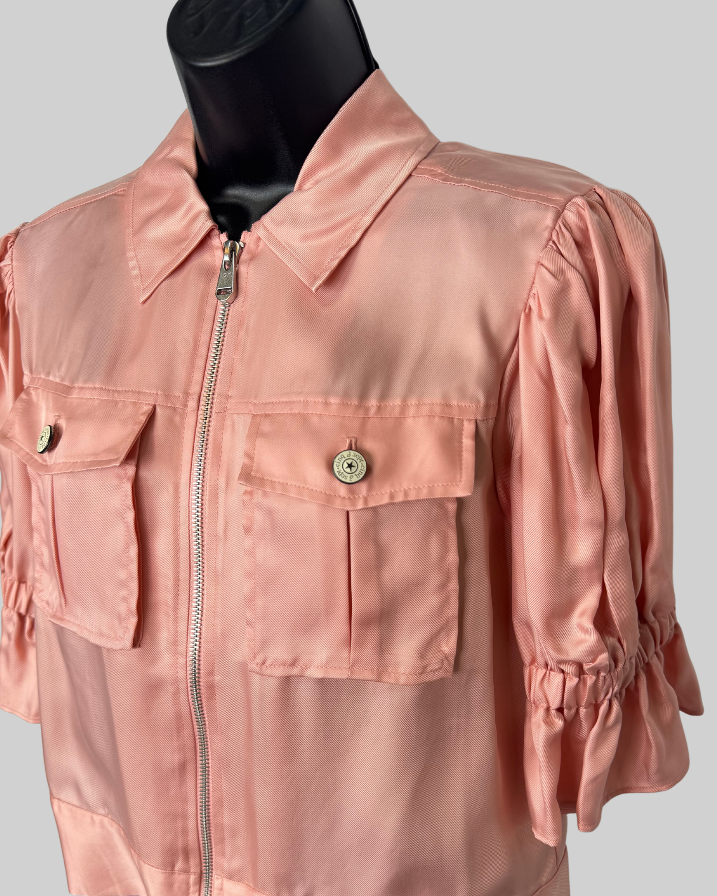 Cinq a Sept Satin Pink 1/2 Puff Ruffle Sleeve Zip Up Double Breasted Jacket