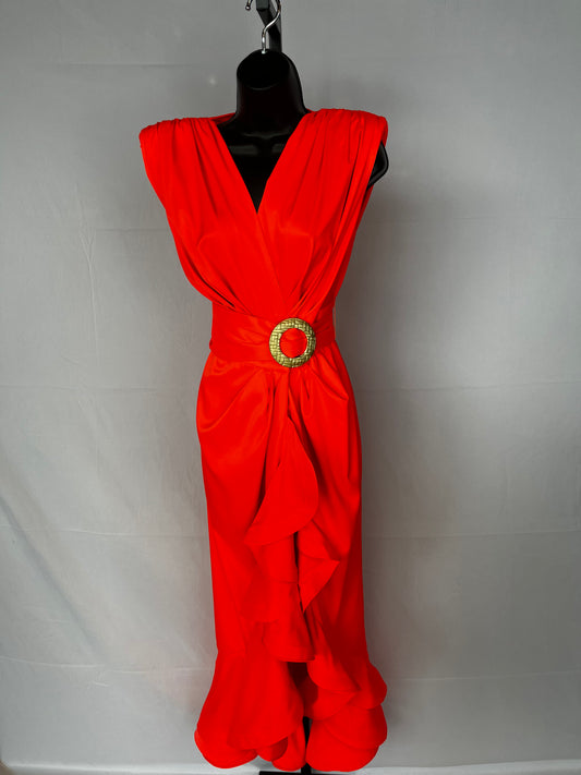 Bronx & Banco Neon Orange Cap-Pad-Shoulders Ruffle Maxi Dress w Belt