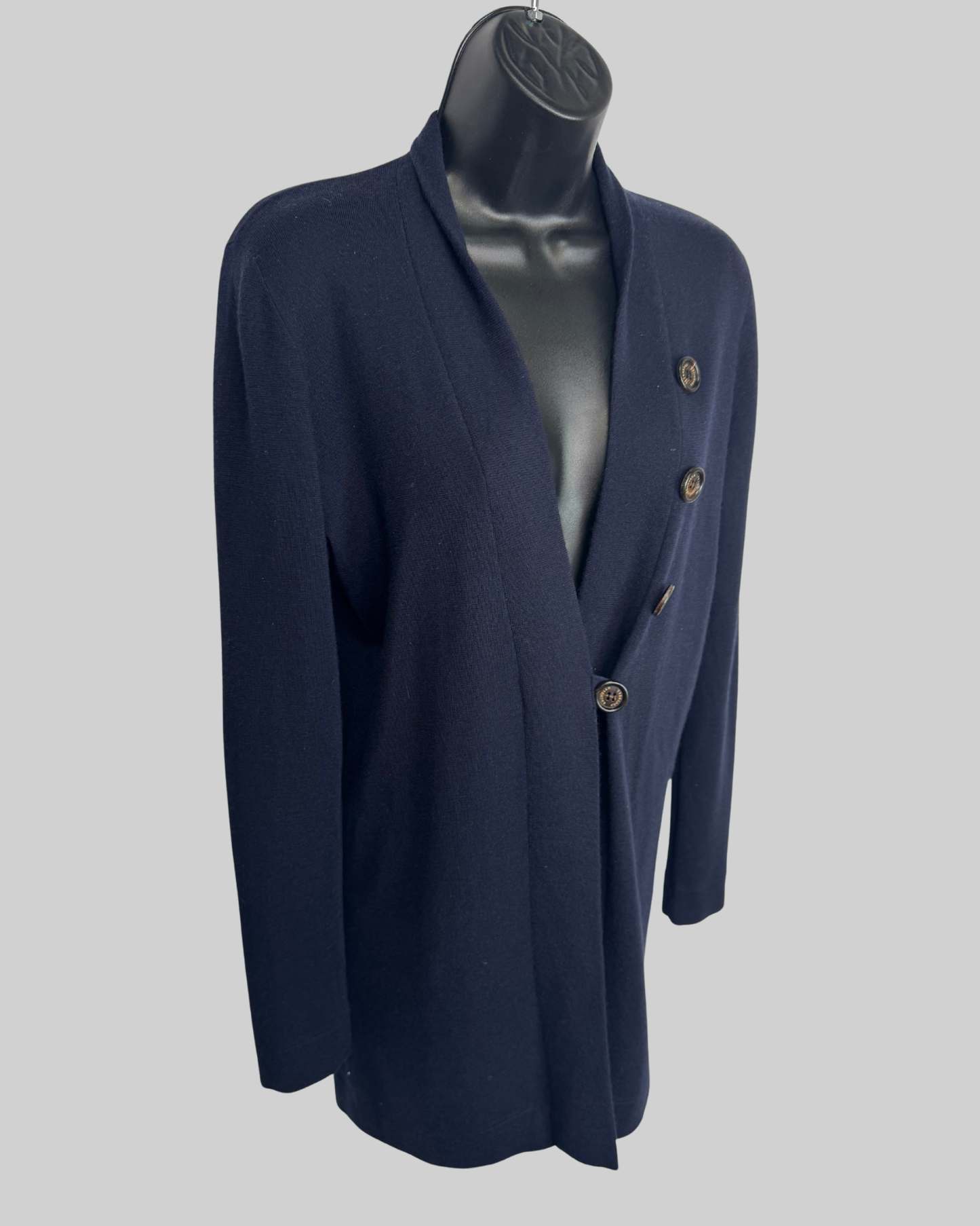 Brunello Cucinelli Navy Silk/Cashmere Button Detail Long Sleeve Cardigan