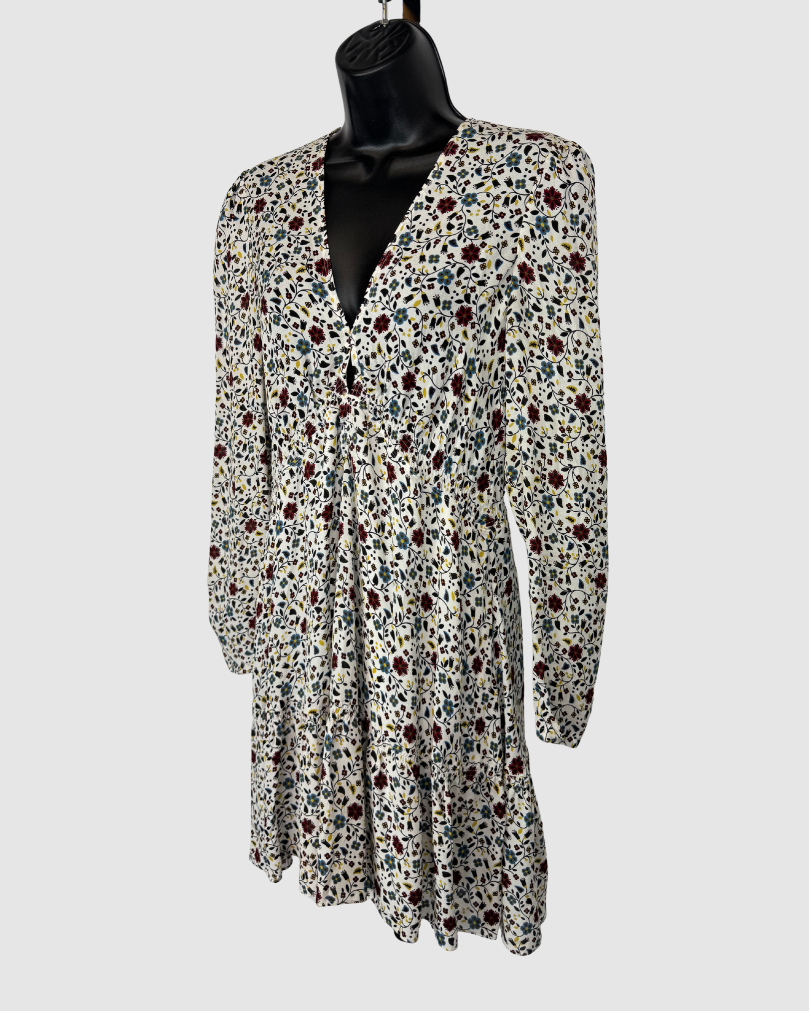 ALC Silk White Long Sleeve V-Neck Mini Dress w/ Red Blue & Yellow Floral Print
