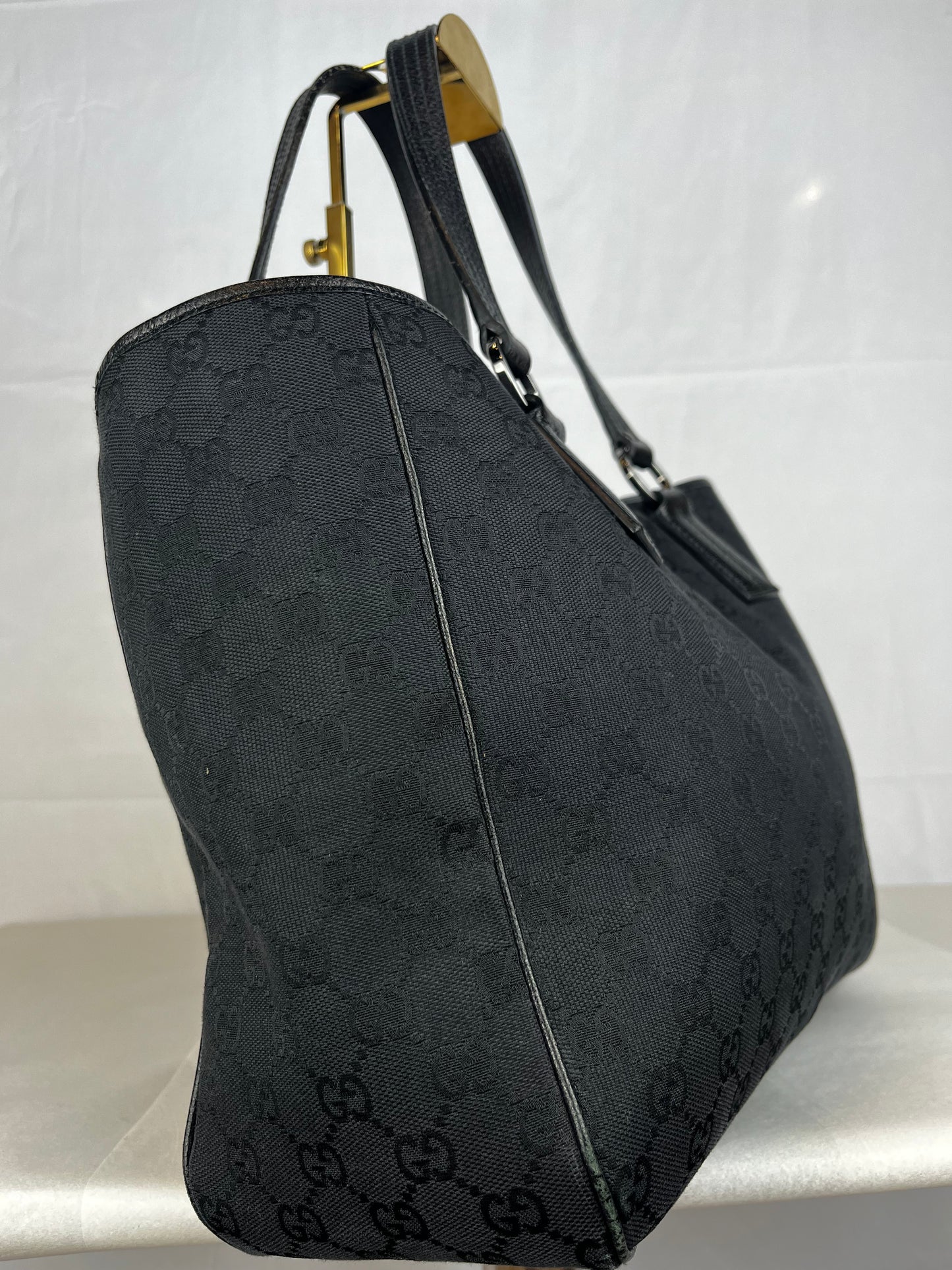 Gucci Black GG Monogram Leather Trim Tote Bag