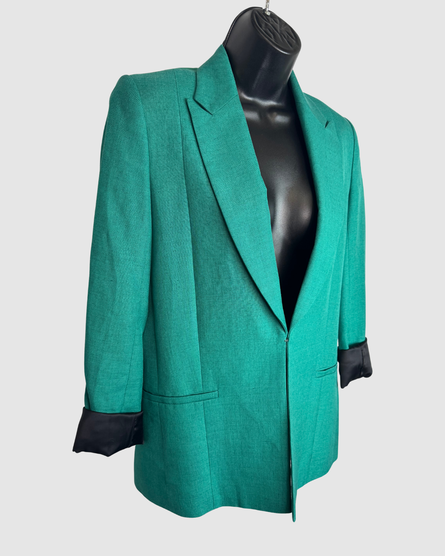 Victoria Beckham Lined Emerald Green Satin Black Trim Single Clasp Blazer