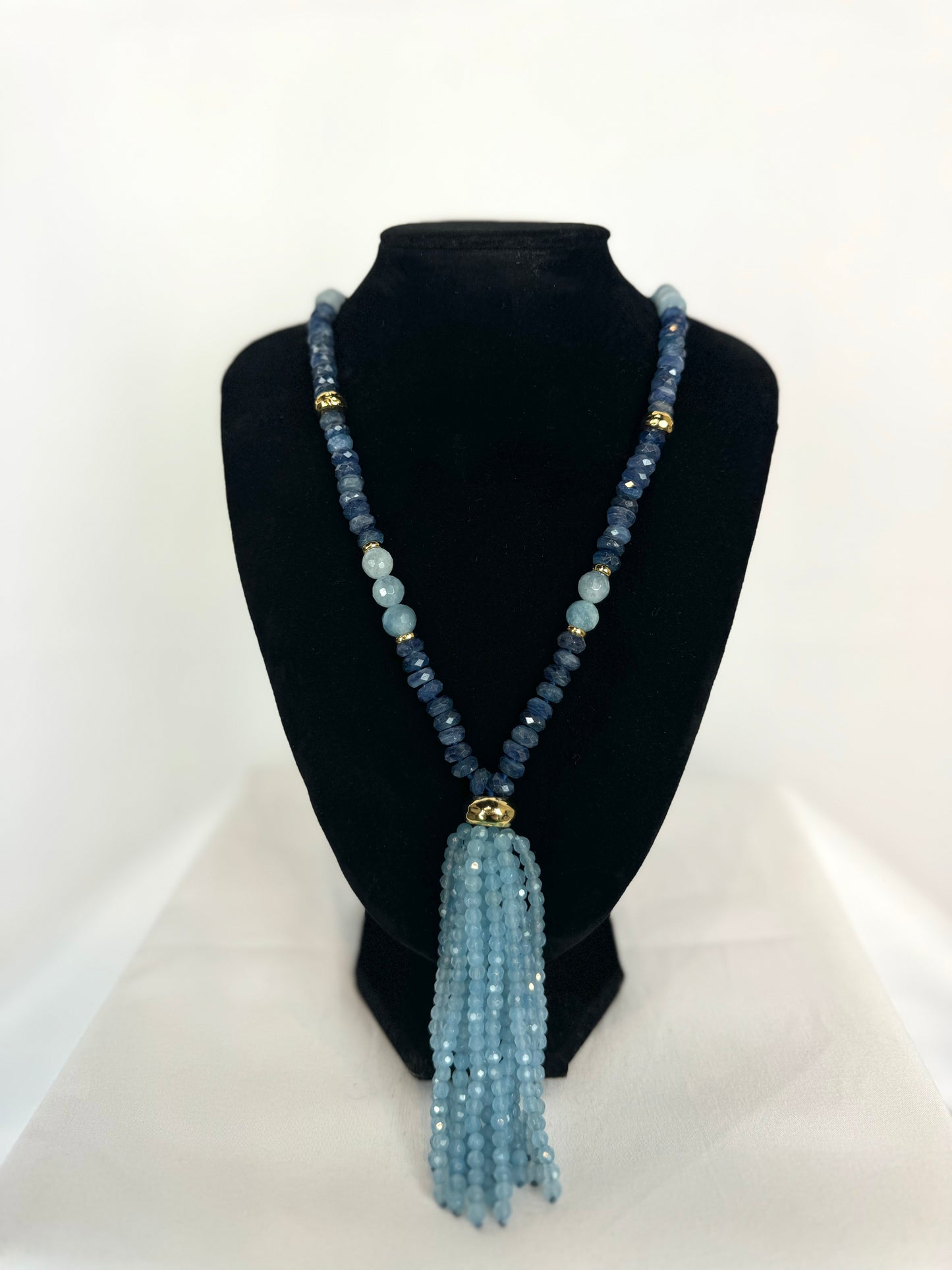 Nest Aquamarine Stone & Bead Double Tassel Strand Necklace