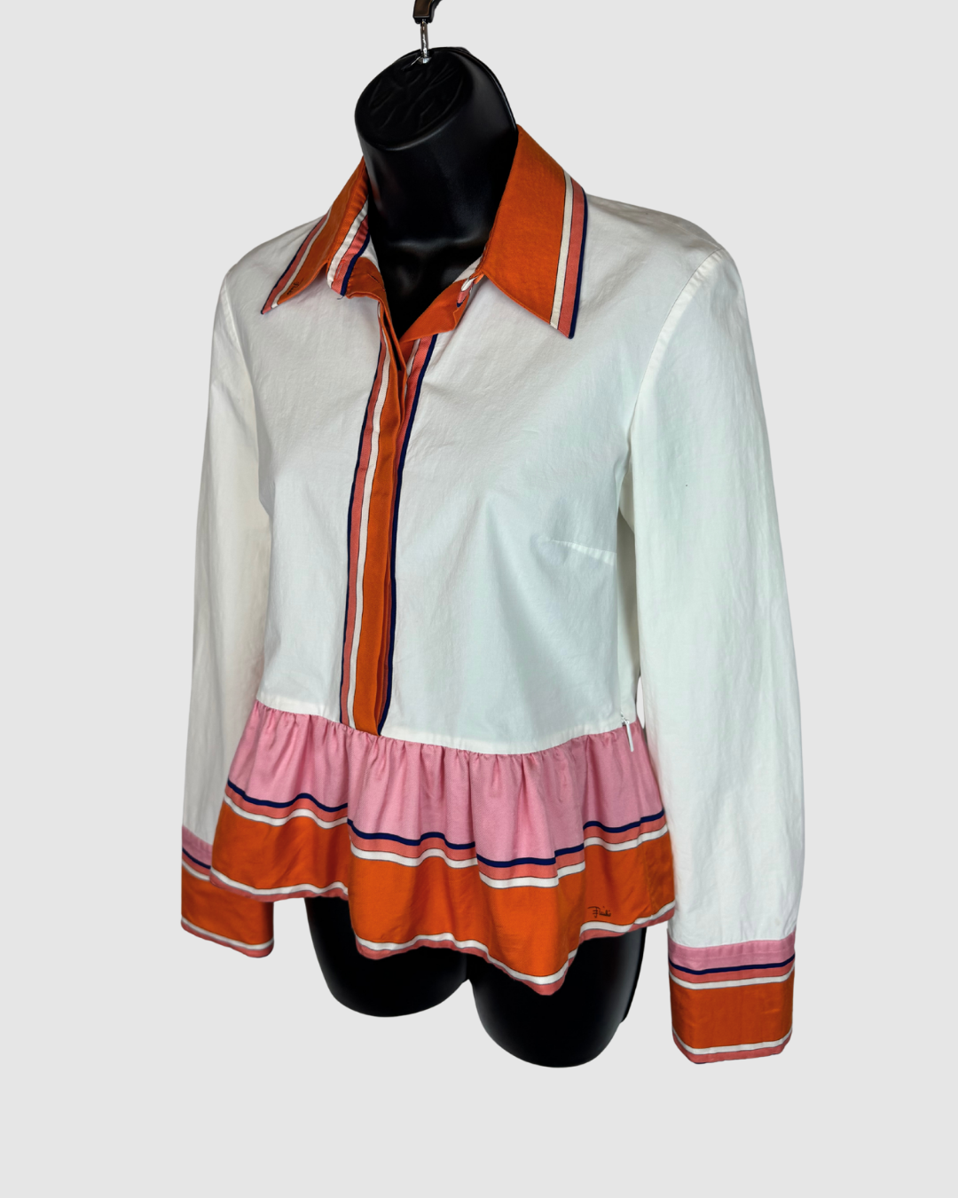 Emilio Pucci White w Orange Trim Collared Button Long Sleeve Blouse w Ruffle Hem