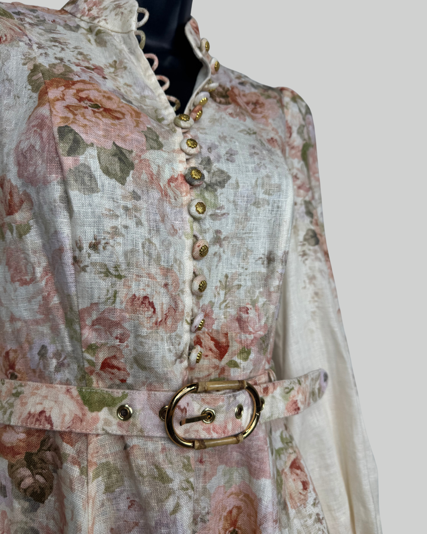 Zimmermann White Light Pink Floral Long Sleeve Button Flare Mini Dress w Belt