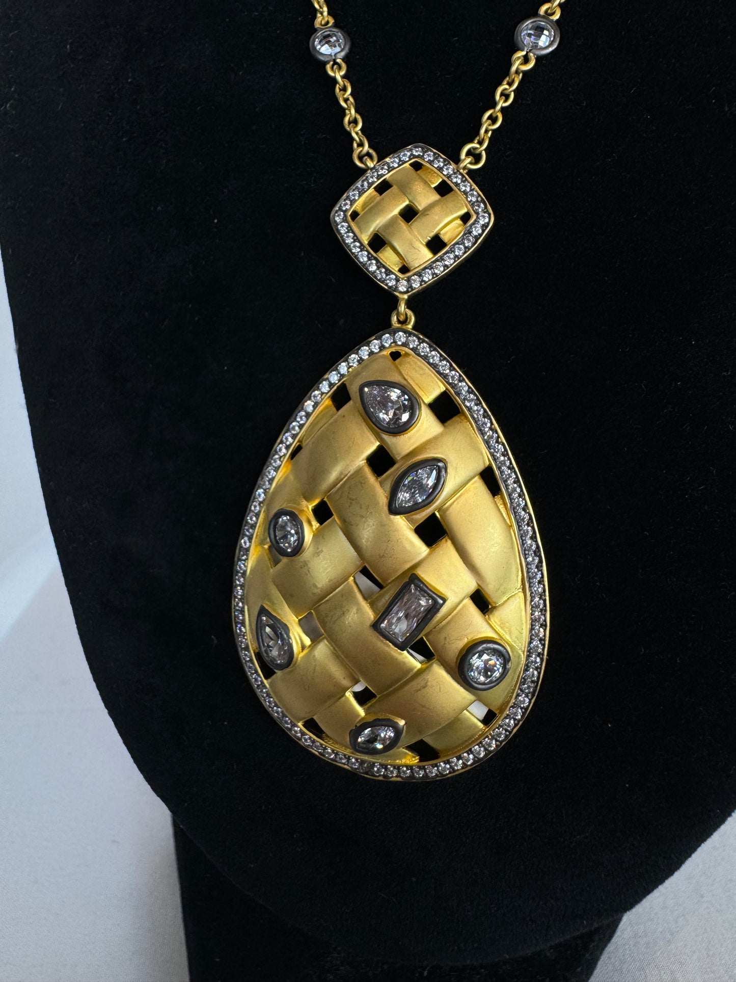 Freida Rothman Gold Woven 2 Tier Drop Pendant Necklace w Diamonds