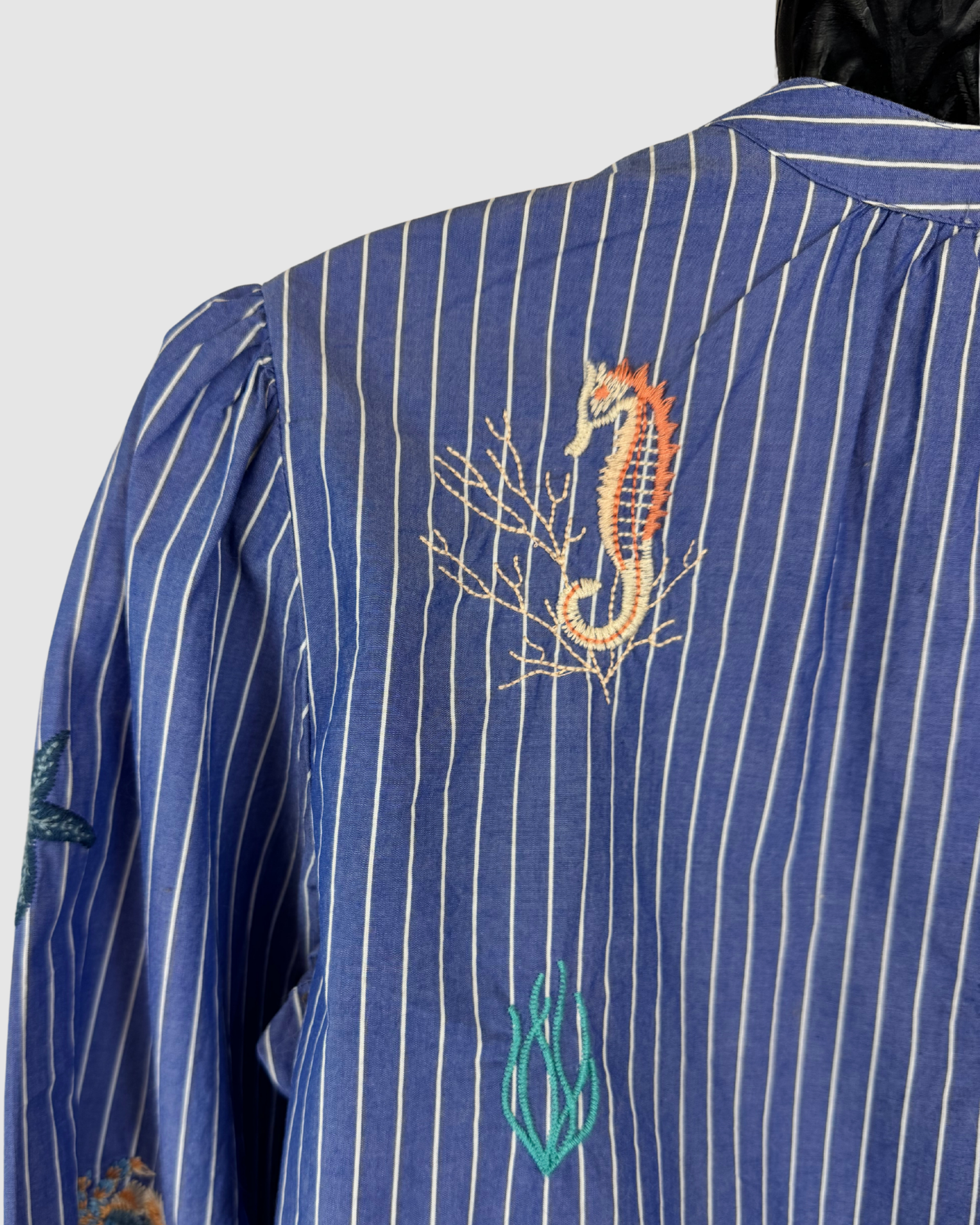 Johnny Was Workshop Blue White Stripe Embroidered Sea Creature Button Long Sleeve Blouse