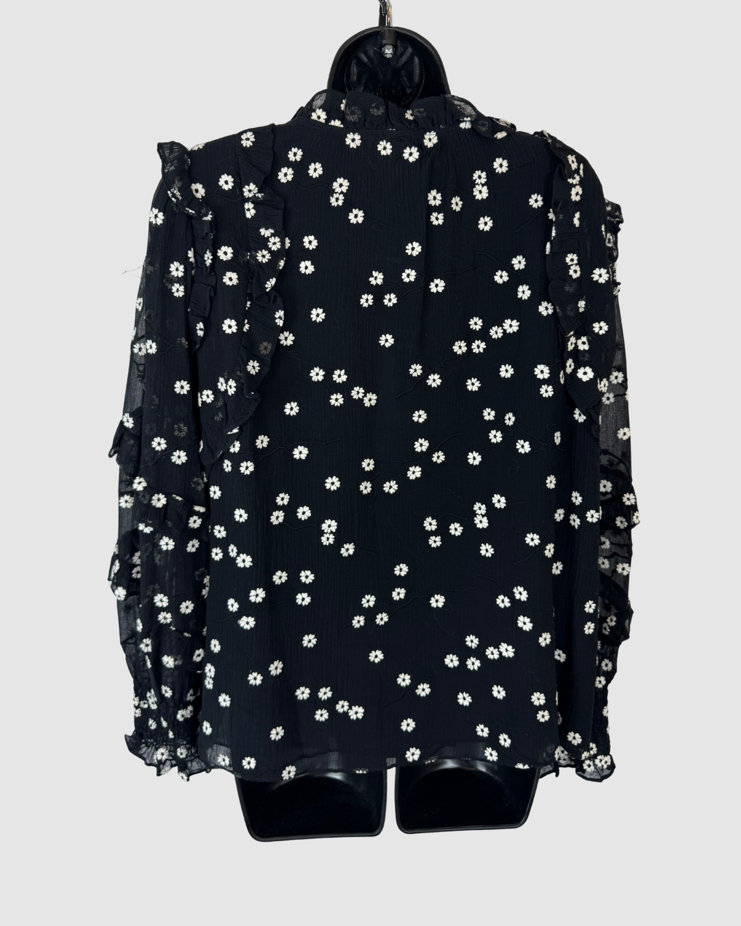 Rebecca Taylor Black w White Floral Ruffle Long Puff Sleeve Button Blouse