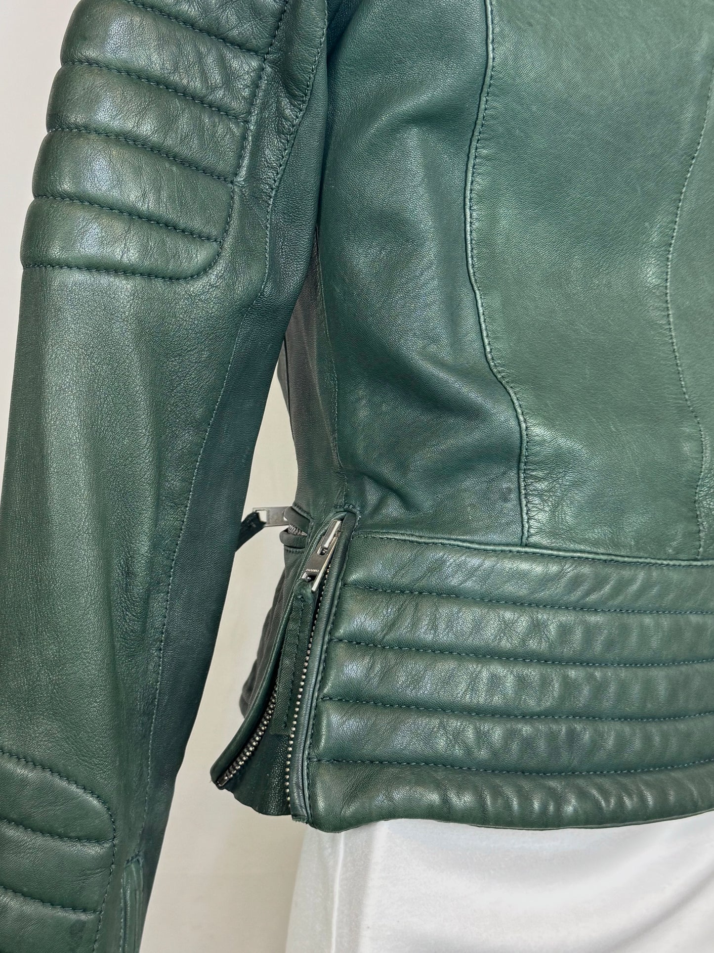 All Saints Dark Green Leather Quilt Detail Zip Up Moto Jacket