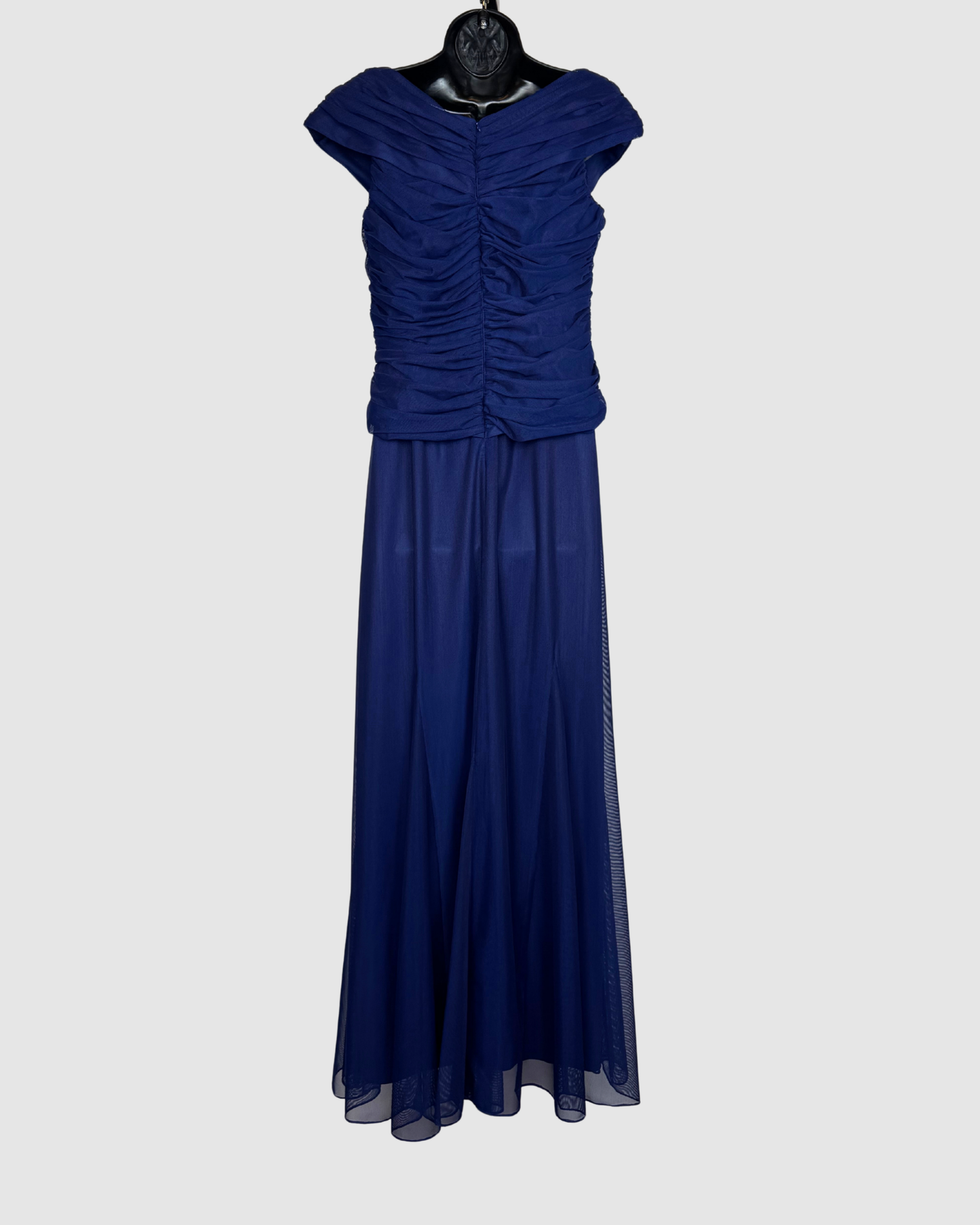Alex Evenings Blue Pleated Ruched Cap-Sleeve V-Neck Gown