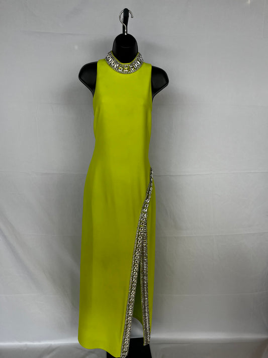Karen Millen Neon Yellow Crystal Embellished Mock Neck Thigh Split Maxi Dress