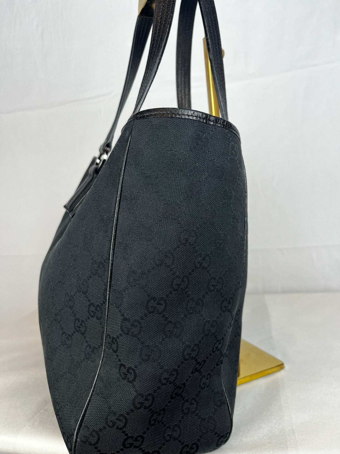 Gucci Black GG Monogram Leather Trim Tote Bag