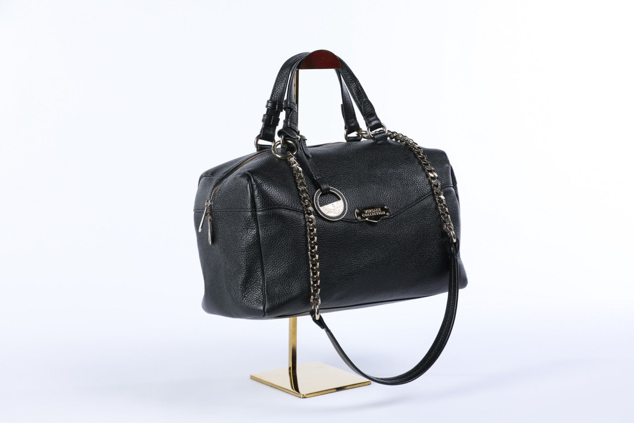 Versace Collection Black Pebbled Leather Vitello Stampa Alce Bowling Bag w Gold Hardware