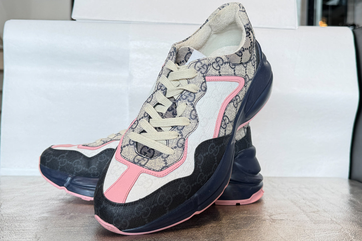 COMES WITH BOX - Gucci Blue & Pink Rhyton Mixed Media GG Canvas Sneakers