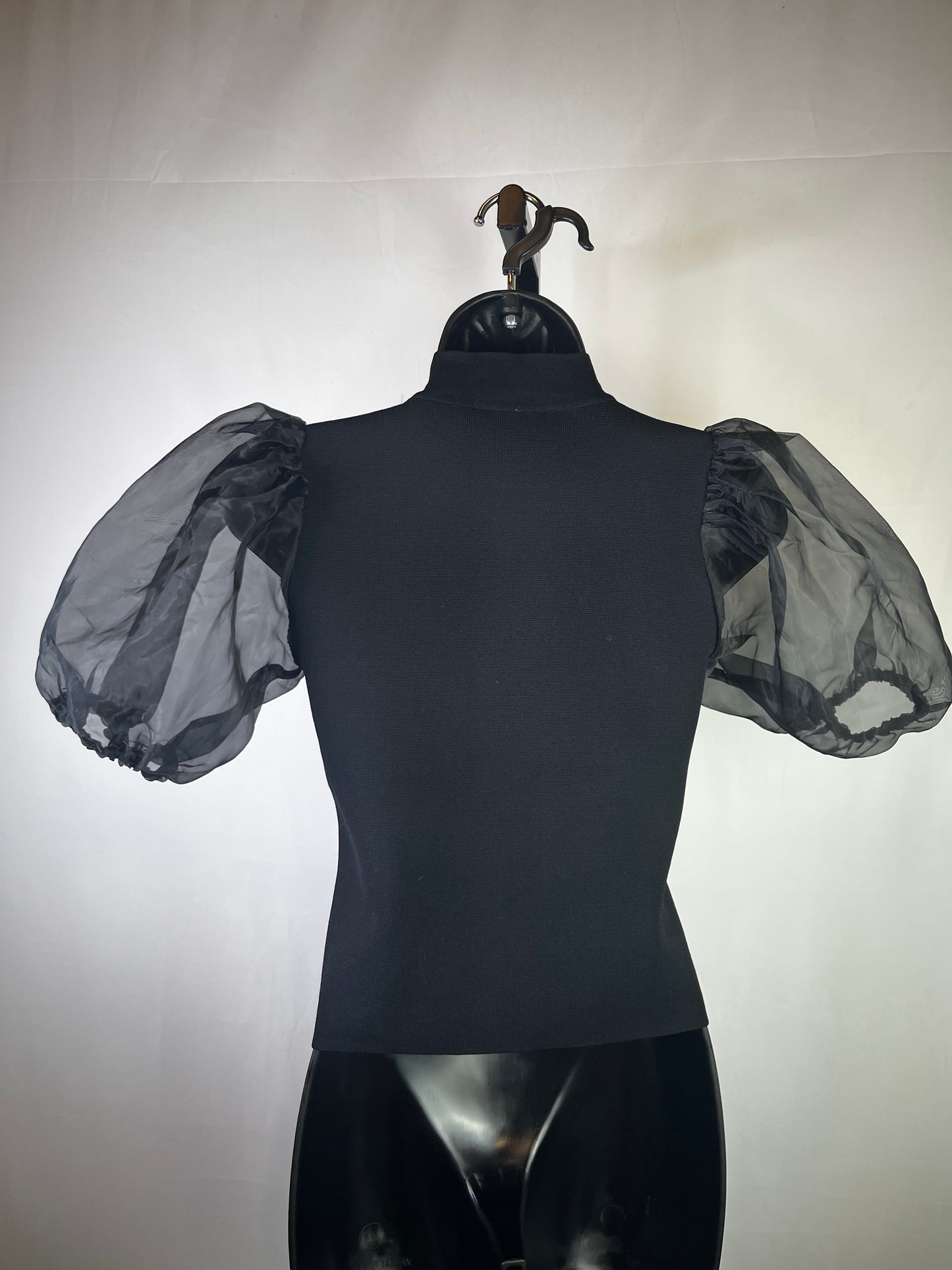 House of Harlow Black Knit Short Puff Sheer Sleeve Turtleneck Top