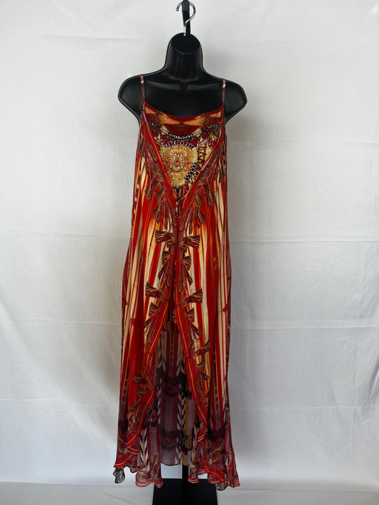 Camilla Silk Orange & Yellow Stripe & Beaded Sleeveless Kaftan Maxi Dress