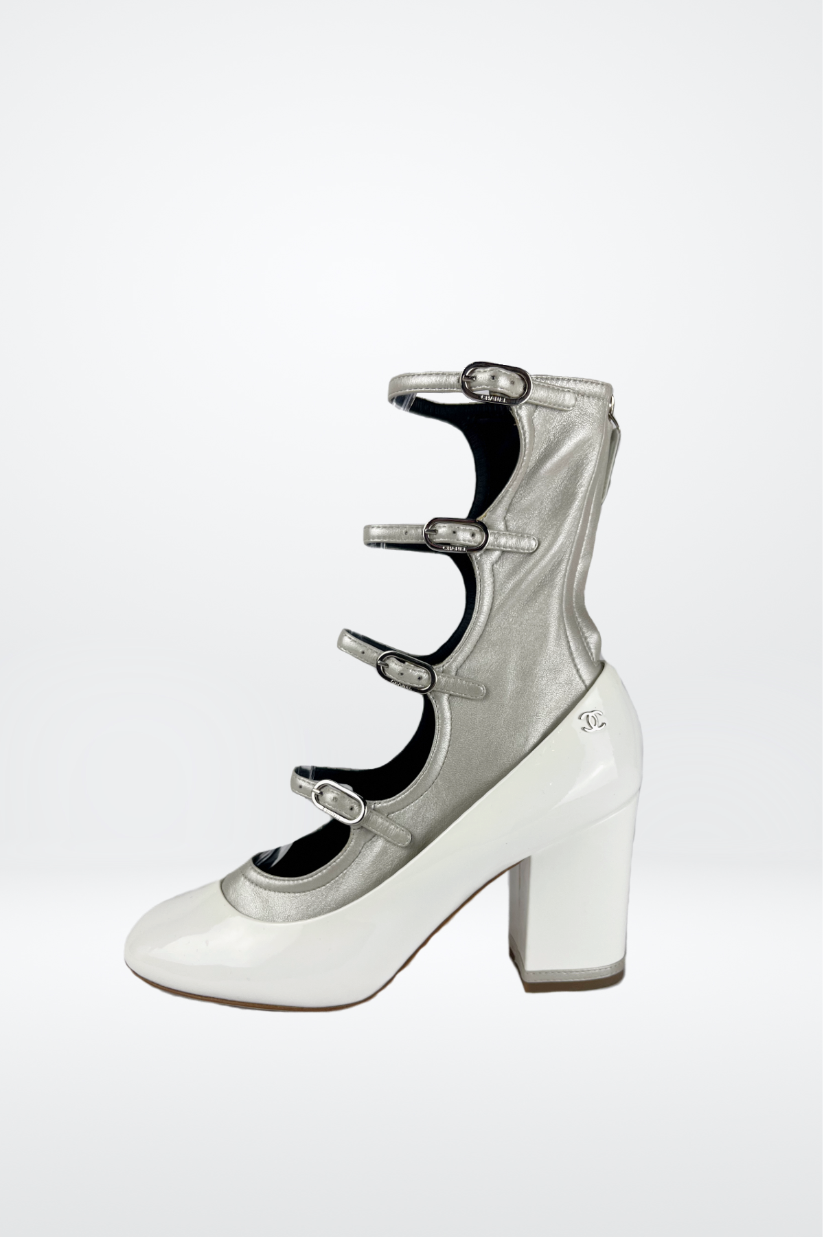 (P) Chanel White/Silver Mary Jane Style Shoe w 4 Buckles