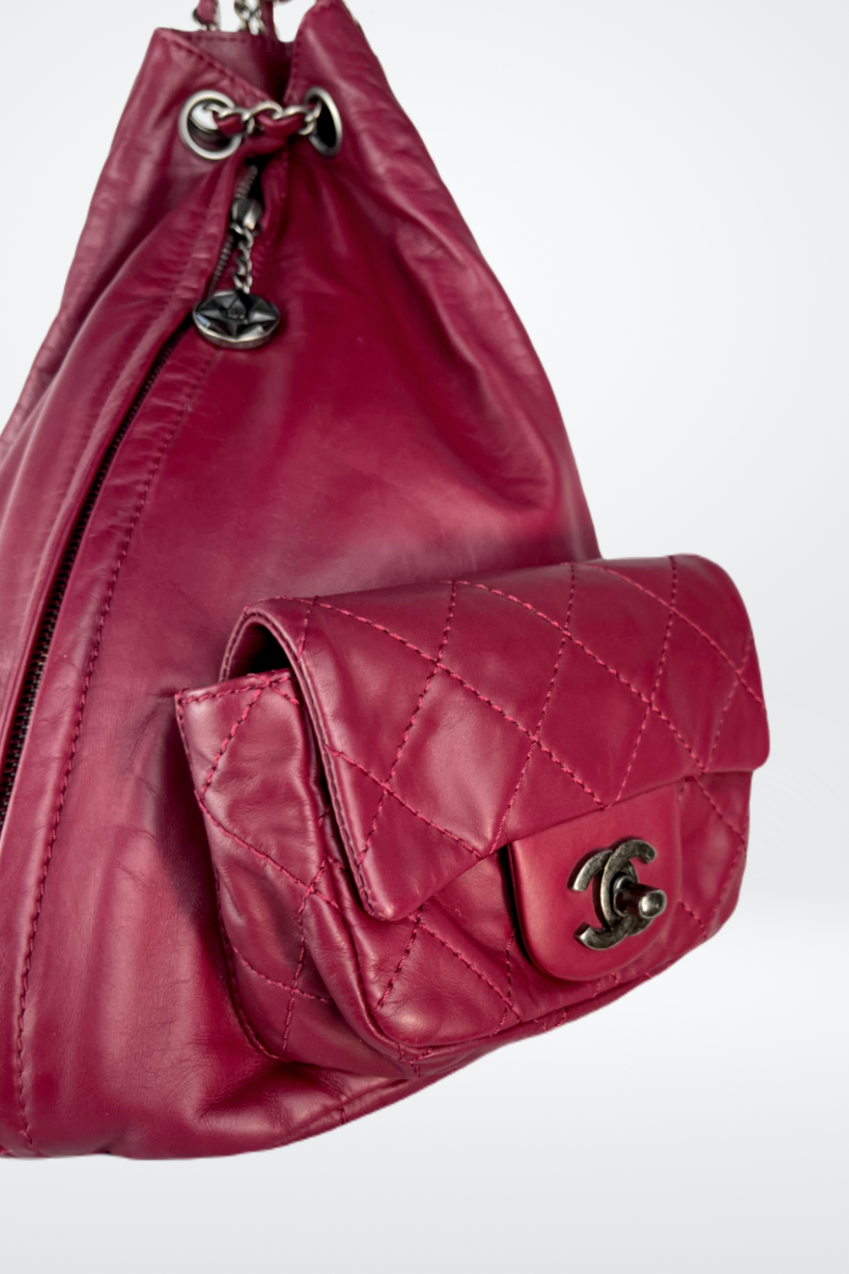 Chanel Red Wine Quilted Drawstring Double Pocket Backpack