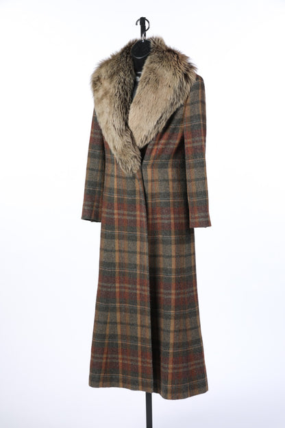 (FALL HOLD) Ralph Lauren Alpaca Wool Plaid Fur Collar Full-Length Coat